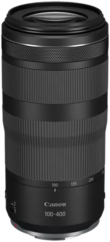 Canon 100-400mm Objektiv. Schwarz, mit Fokus- und Zoomringen und Brennweitenmarkierungen.