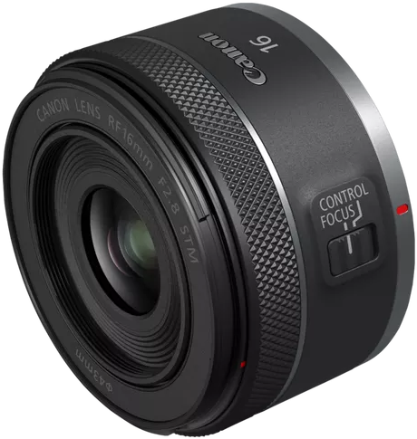 Ein Canon RF 16mm F2.8 STM Kameraobjektiv.