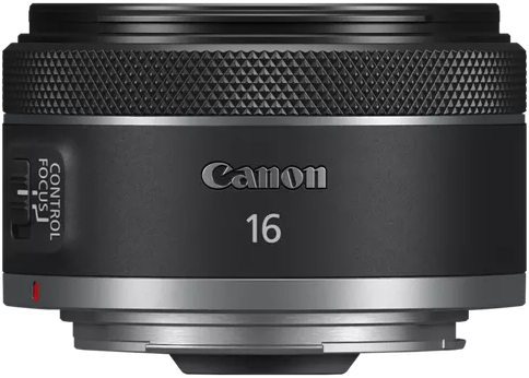 Schwarzes Canon 16mm Objektiv mit silbernen Akzenten. Canon und 16 Text auf dem Objektiv.