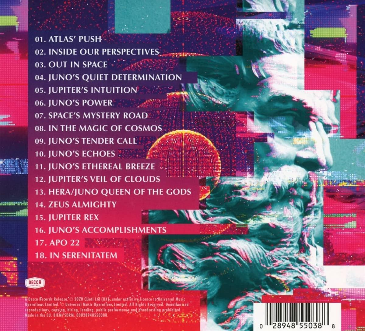 Album borító szöveggel és szoborral. Színes absztrakt design dalcímekkel.
