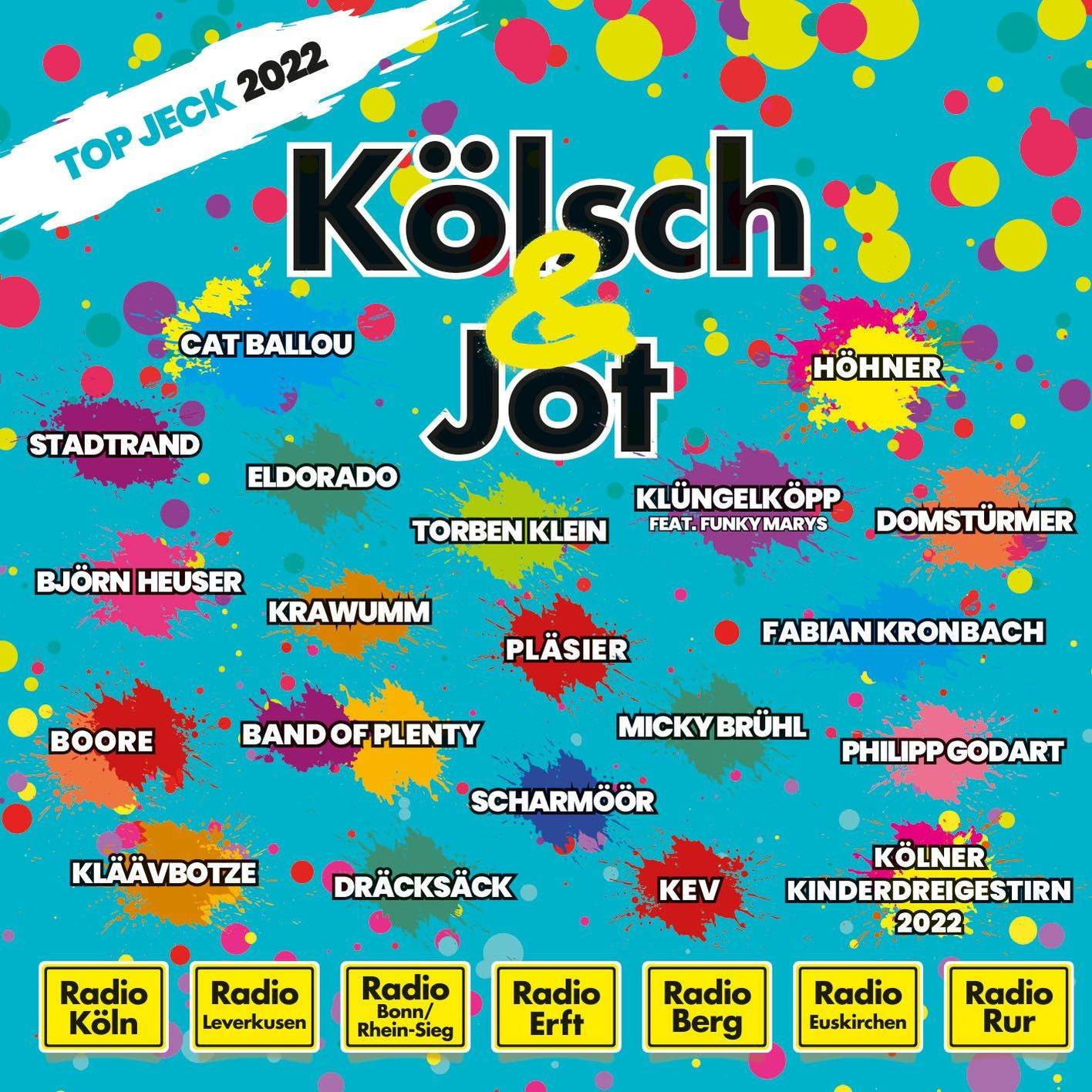 Ein farbenfrohes Poster mit den Worten 'Kölsch & Jot' und Künstlernamen. Hintergrund mit bunten Formen.