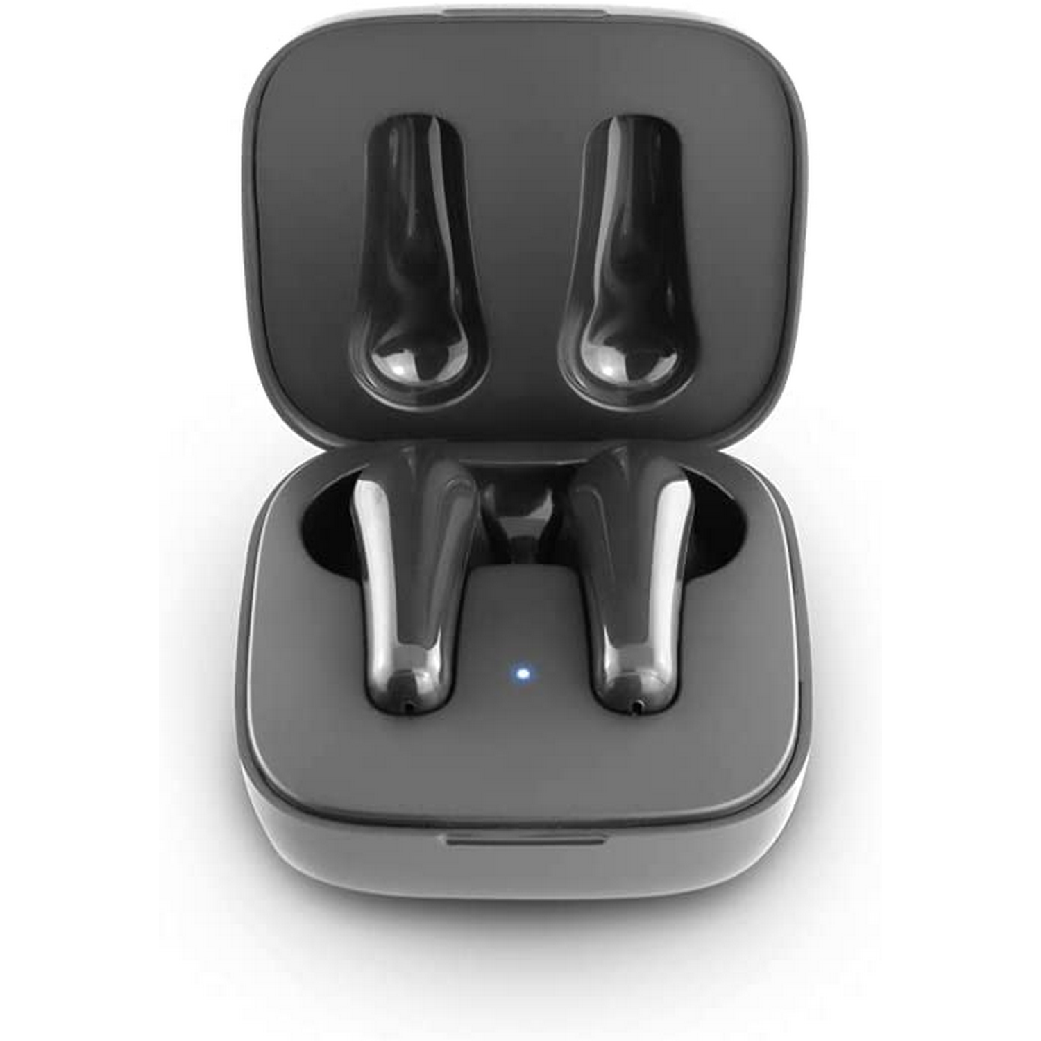 Auriculares negros en su estuche de carga, abiertos y mostrando los auriculares.