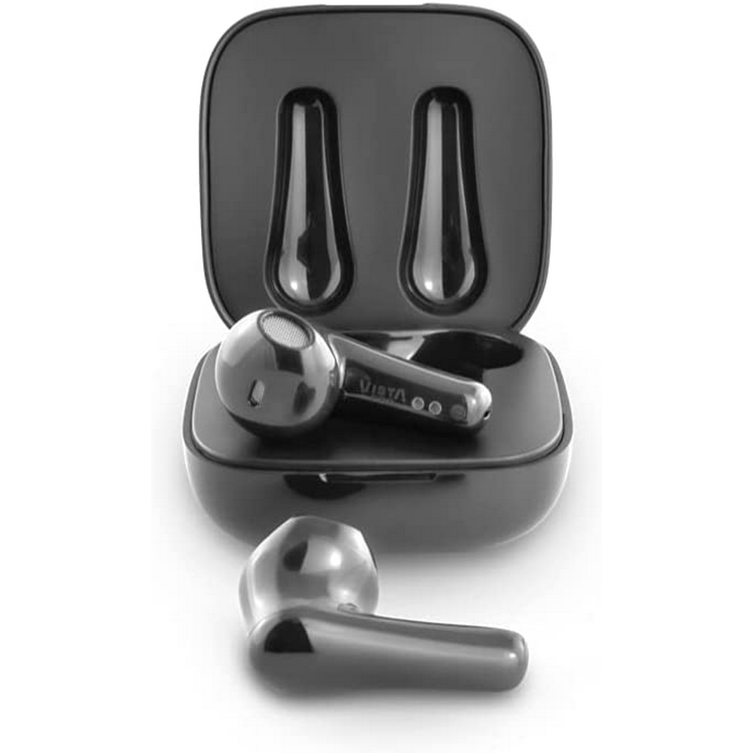 Auriculares inalámbricos negros en un estuche de carga. Un auricular está fuera del estuche.