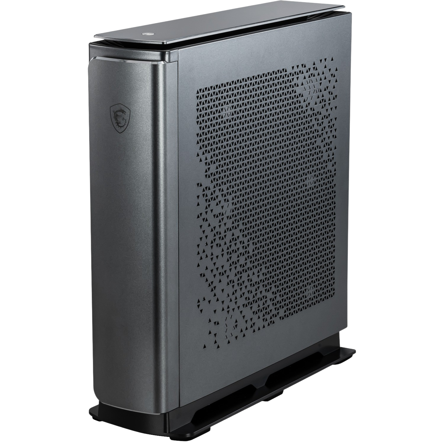 Caja de computadora gris oscuro con recortes triangulares. Se encuentra sobre una base negra.