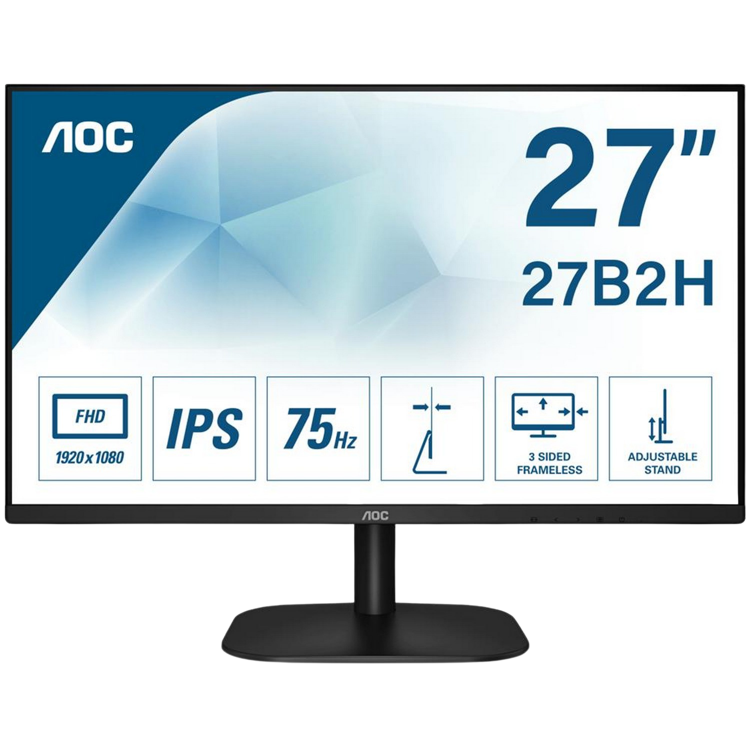 Monitor - AOC 27B2H, 27" FHD, IPS, 7 ms, 75 Hz, Contraste 1000:1, Flicker-Free, Low Blue Light, Negro