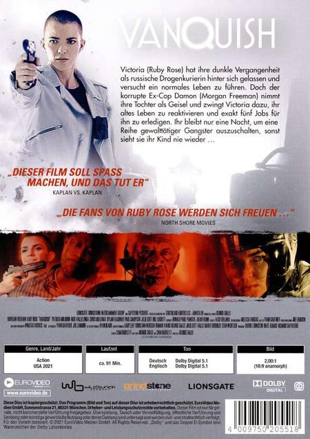 DVD-Hülle für den Film Vanquish. Das Cover zeigt eine Frau mit einer Waffe.