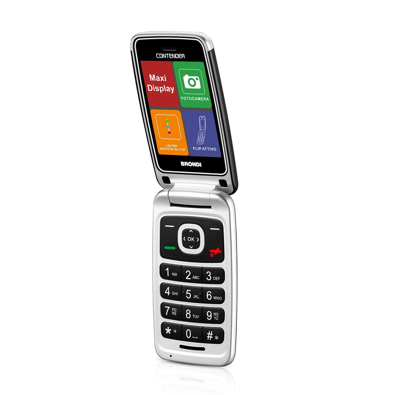 Telefono a conchiglia argento aperto, con pulsanti e display con icone e testo.