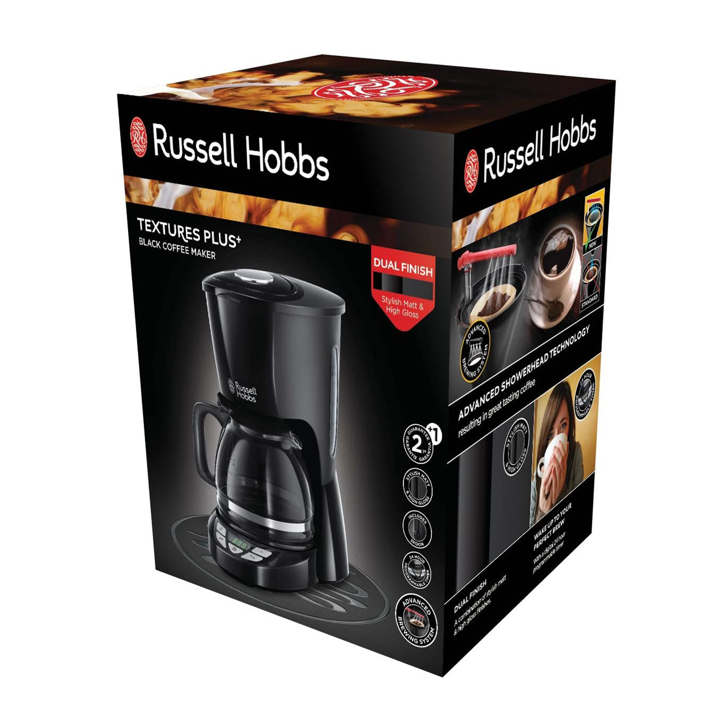 Una scatola nera per macchina da caffè Russell Hobbs. La scatola presenta immagini della macchina da caffè e delle sue caratteristiche, con testo come 'Textures Plus+'.