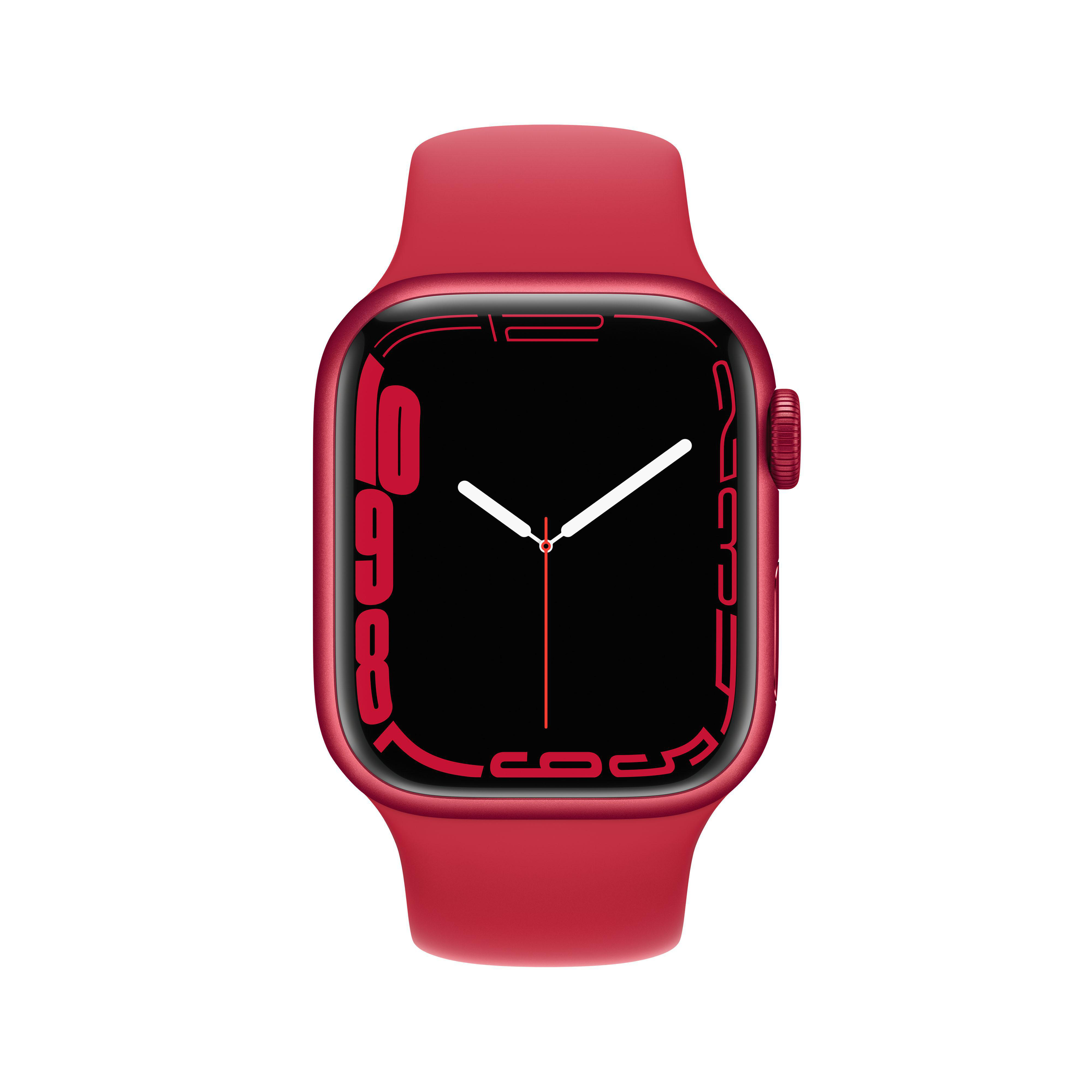 Rote Apple Watch Series 7 mit schwarzem Bildschirm und rotem Armband. Digitalanzeige zeigt Zeit.