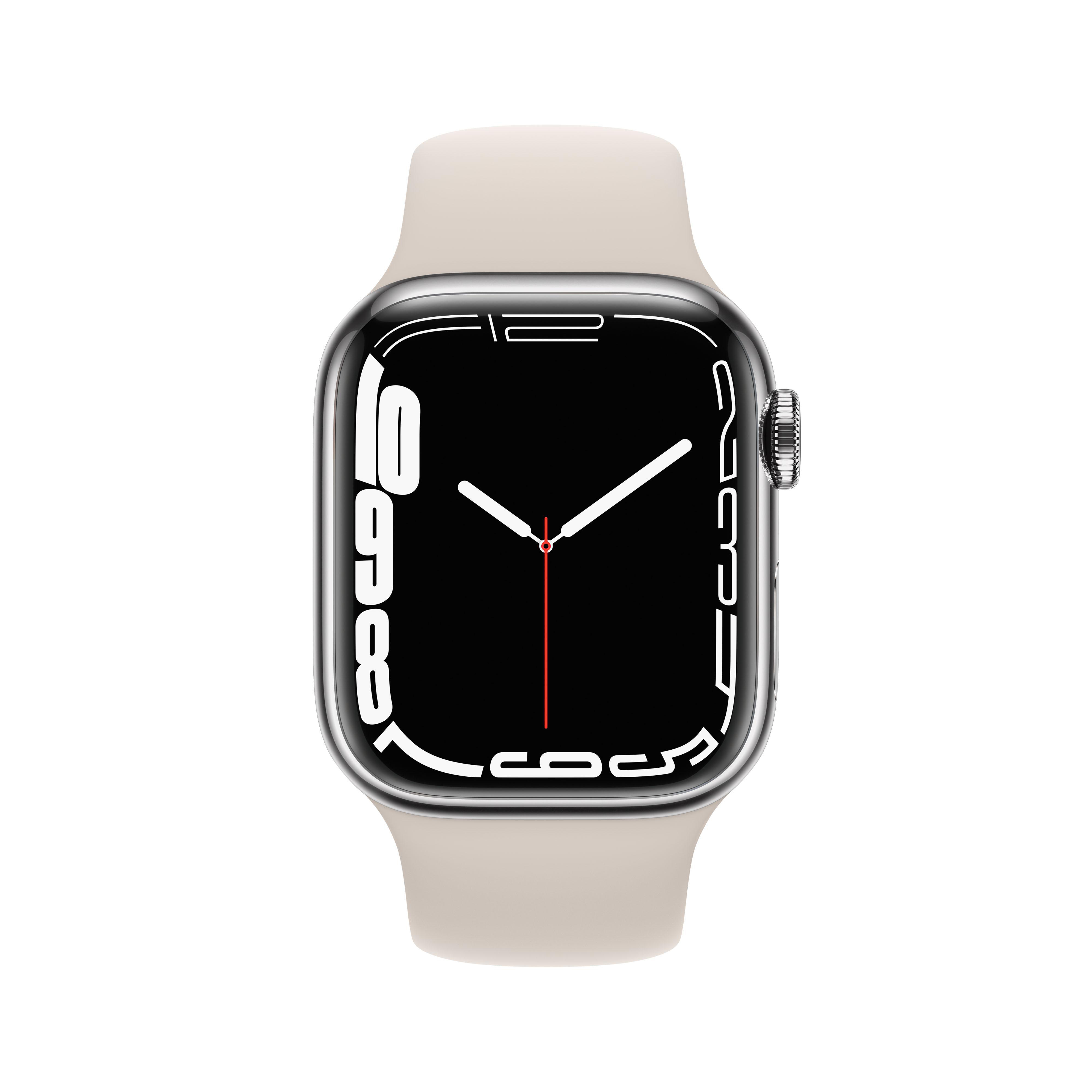 Eine silberne Apple Watch mit schwarzem Bildschirm und hellem Armband. Die Uhr zeigt die Uhrzeit.