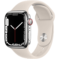 APPLE Watch Series 7 (GPS + Cellular) 41mm Smartwatch Fluorelastomer, 130 - 200 mm, Armband: Polarstern, Gehäuse: Silber