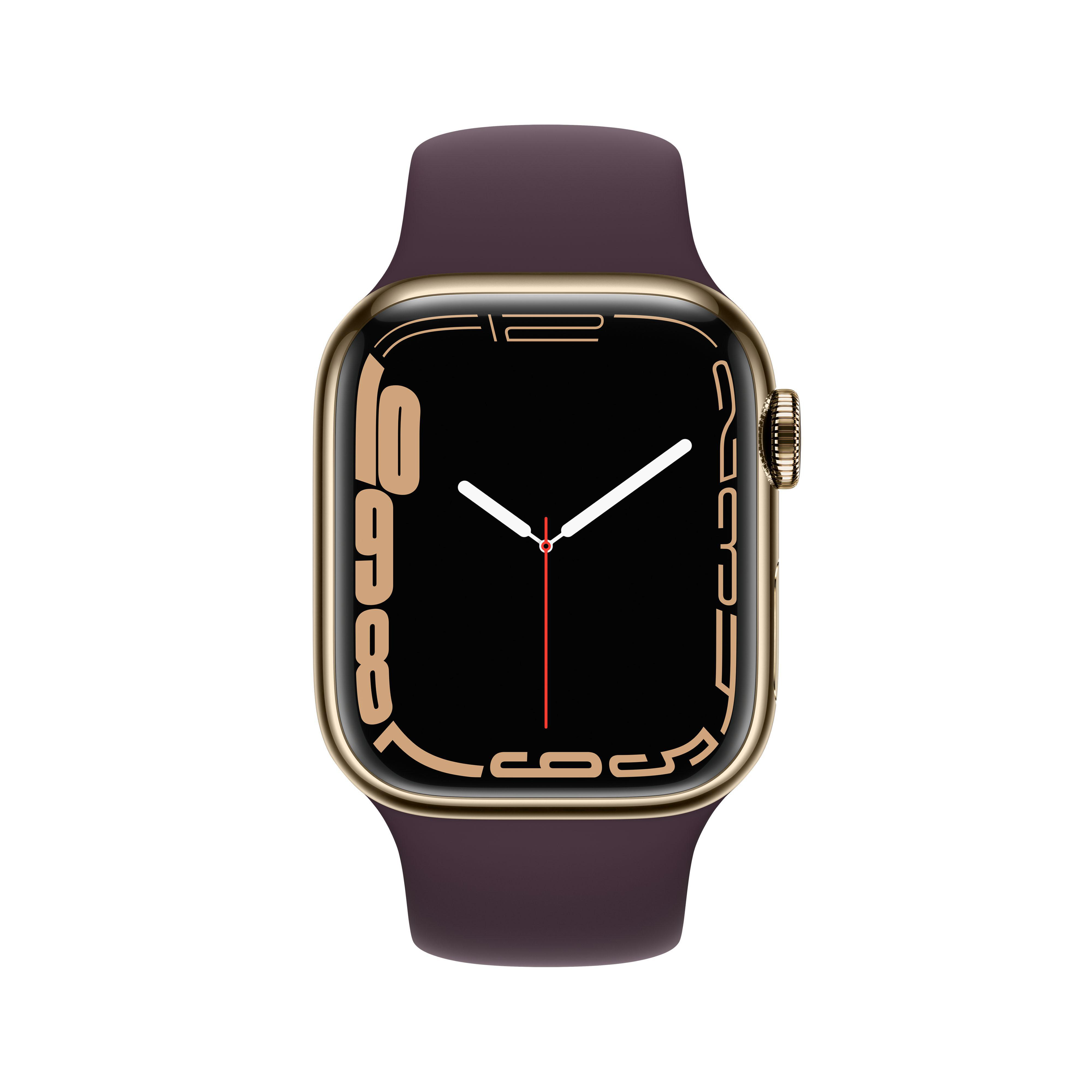 Apple Watch Series 7. Goldgehäuse, schwarzer Bildschirm und ein lila Armband sind sichtbar.