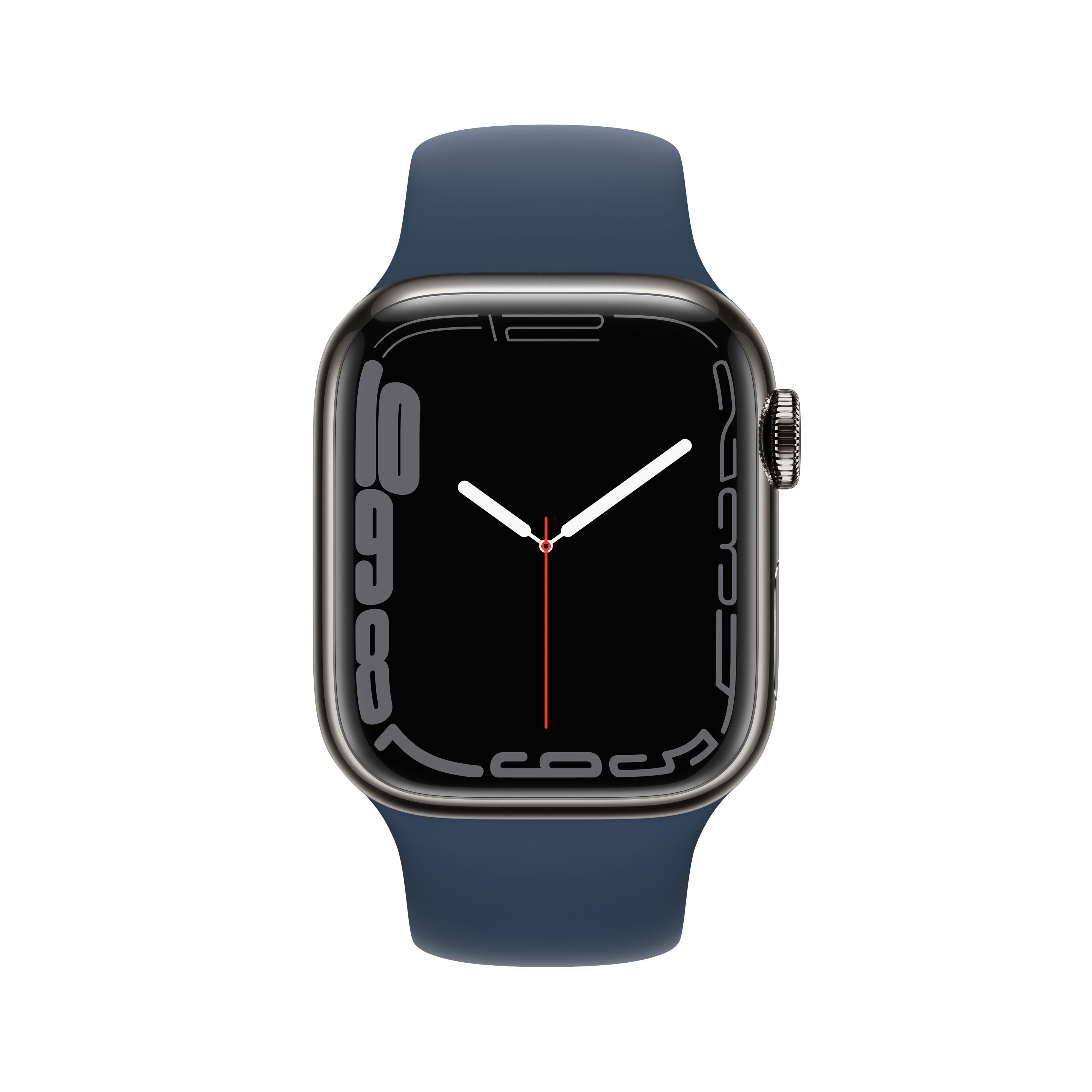 APPLE Watch Series 7 (GPS + Cellular) 41mm Smartwatch Fluorelastomer, 130 - 200 mm, Armband: Blau, Gehäuse: Graphit