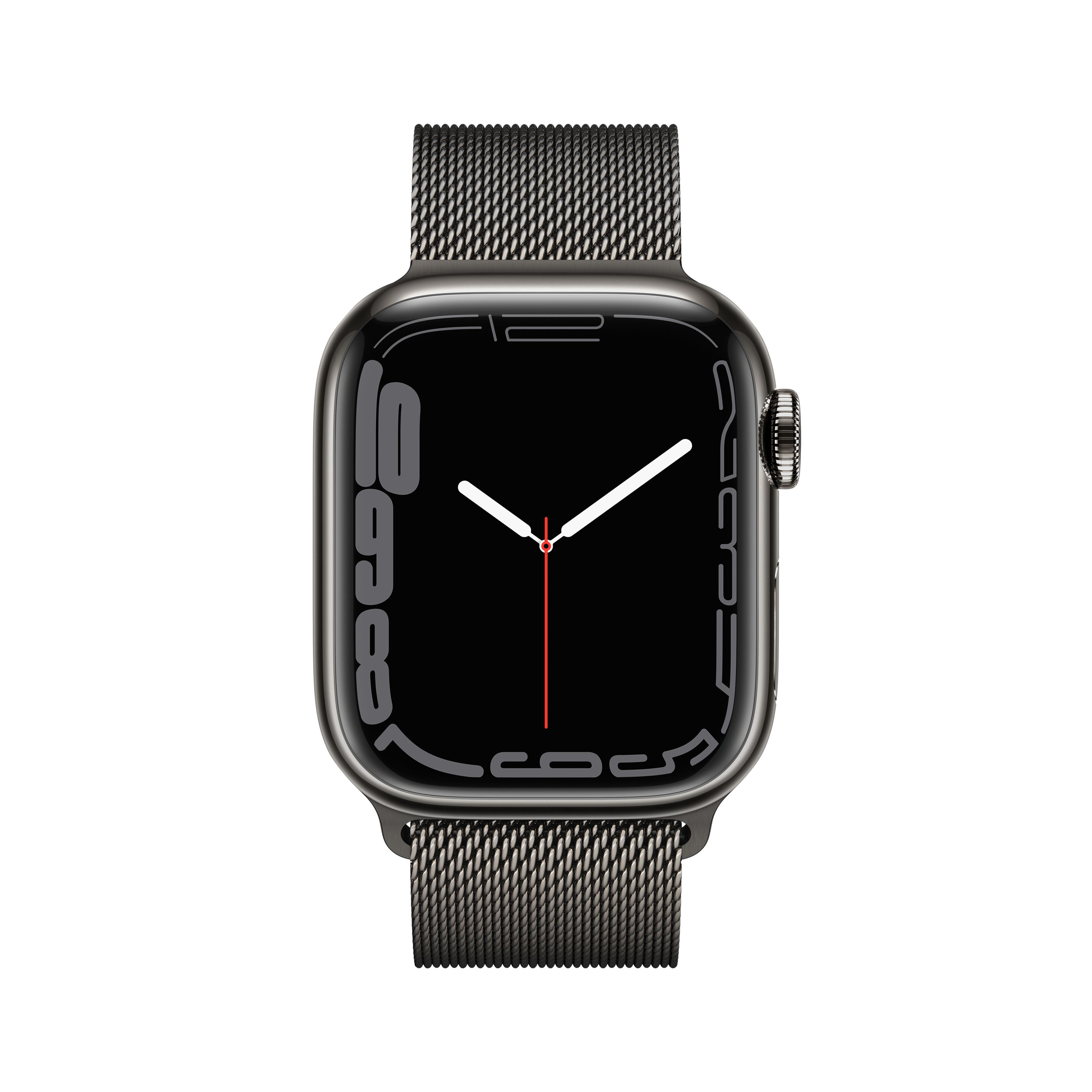 Nahaufnahme einer schwarzen Apple Watch mit dunklem Bildschirm und Metall-Mesh-Armband.