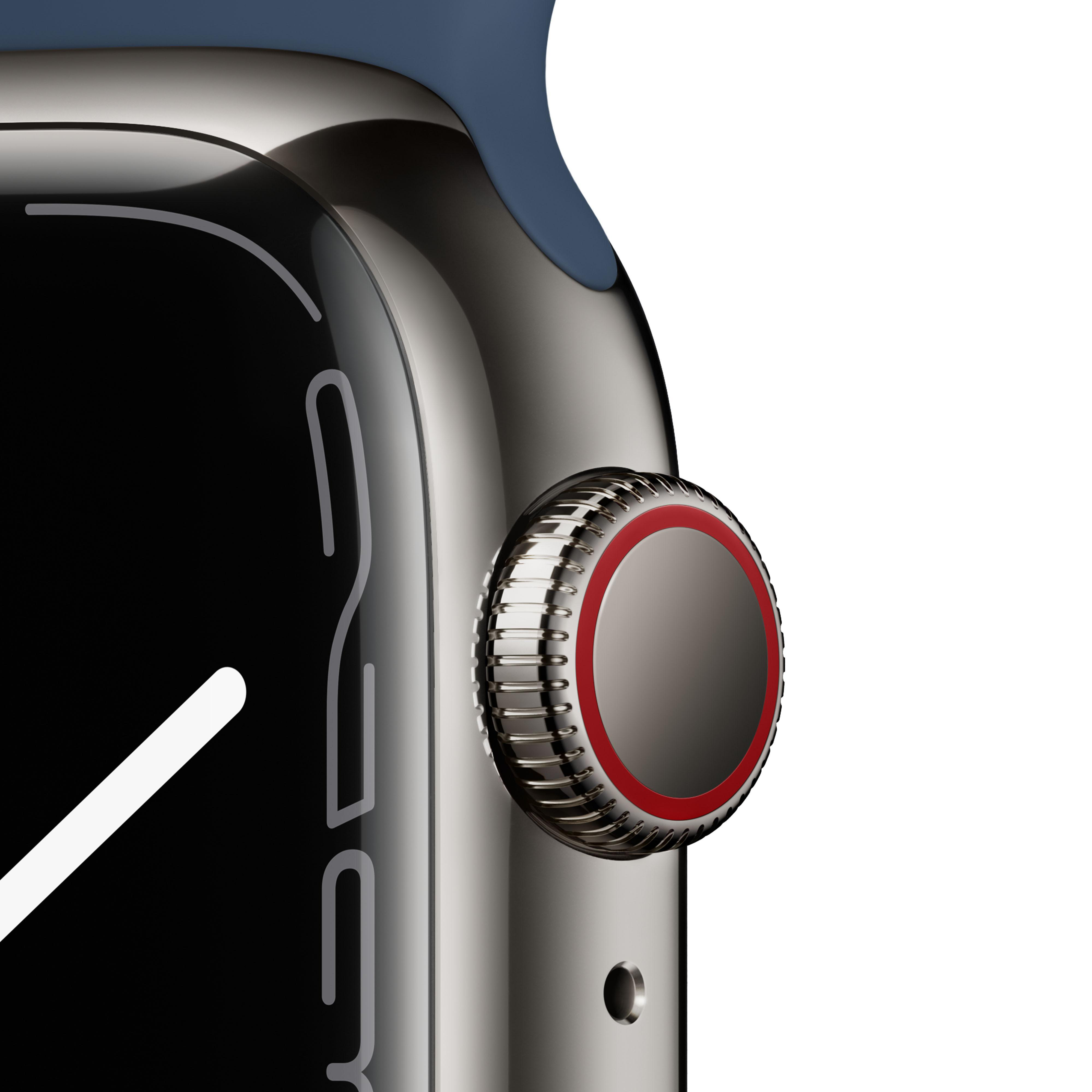 APPLE Watch Series 7 (GPS + Cellular) 41mm Smartwatch Fluorelastomer, 130 - 200 mm, Armband: Blau, Gehäuse: Graphit