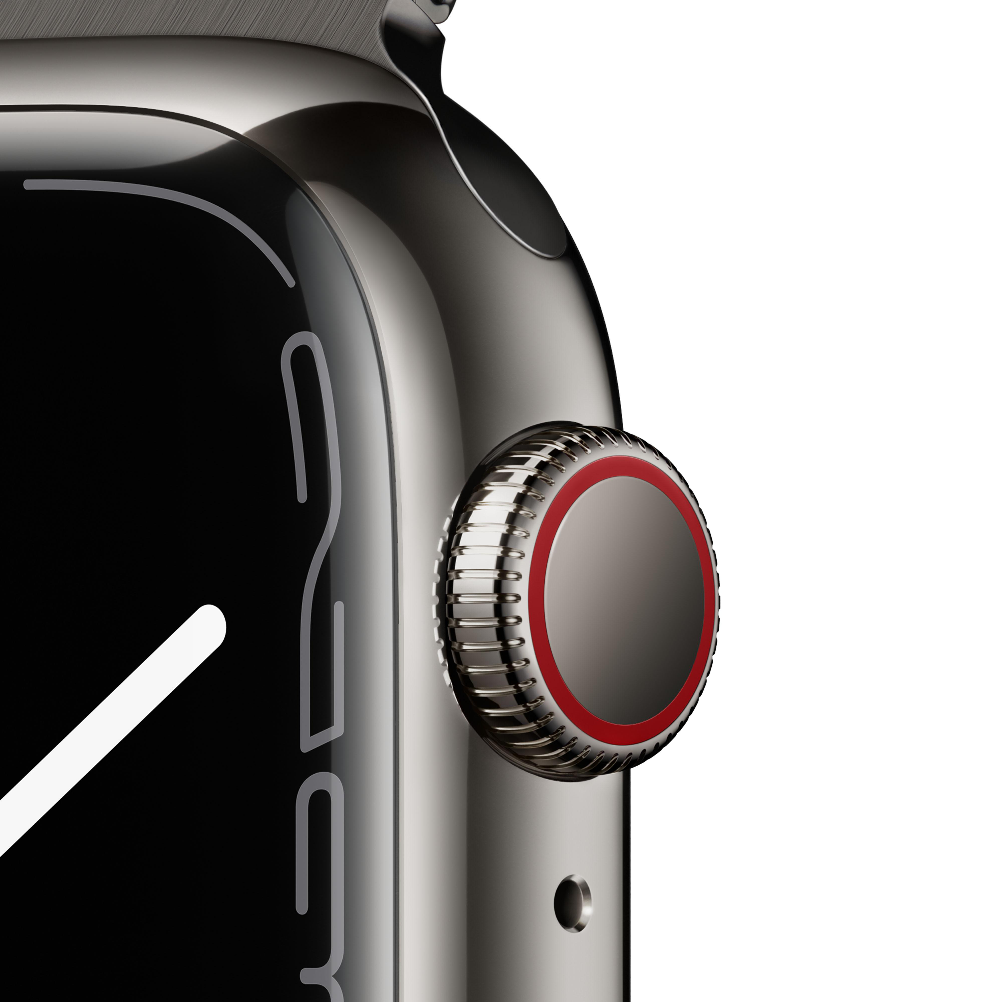 Nahaufnahme einer silbernen Apple Watch mit digitaler Krone mit rotem Detail.