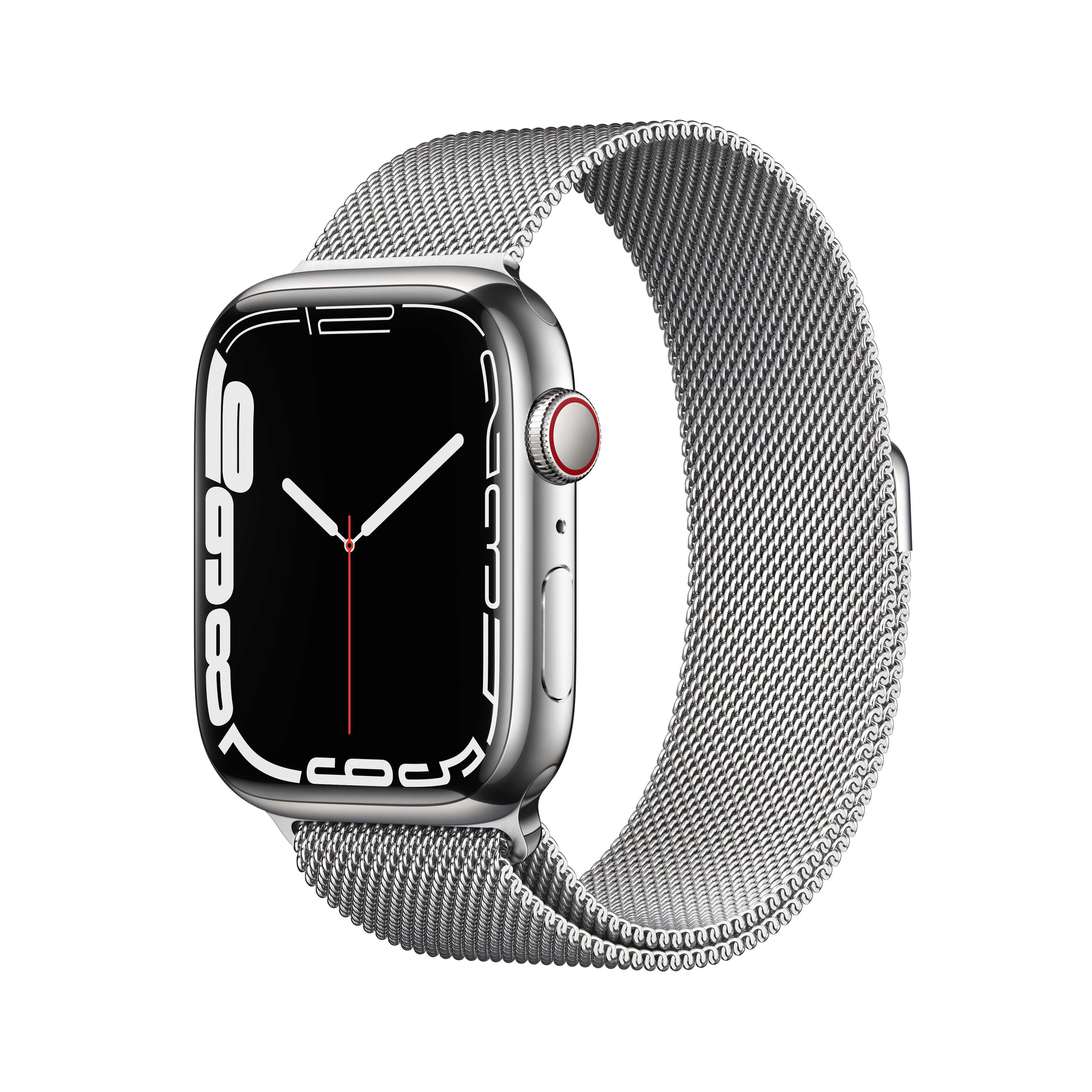 APPLE Watch Series 7 (GPS + Cellular) 45mm Smartwatch Edelstahl, 140 - 220 mm, Armband: Silber, Gehäuse: Silber