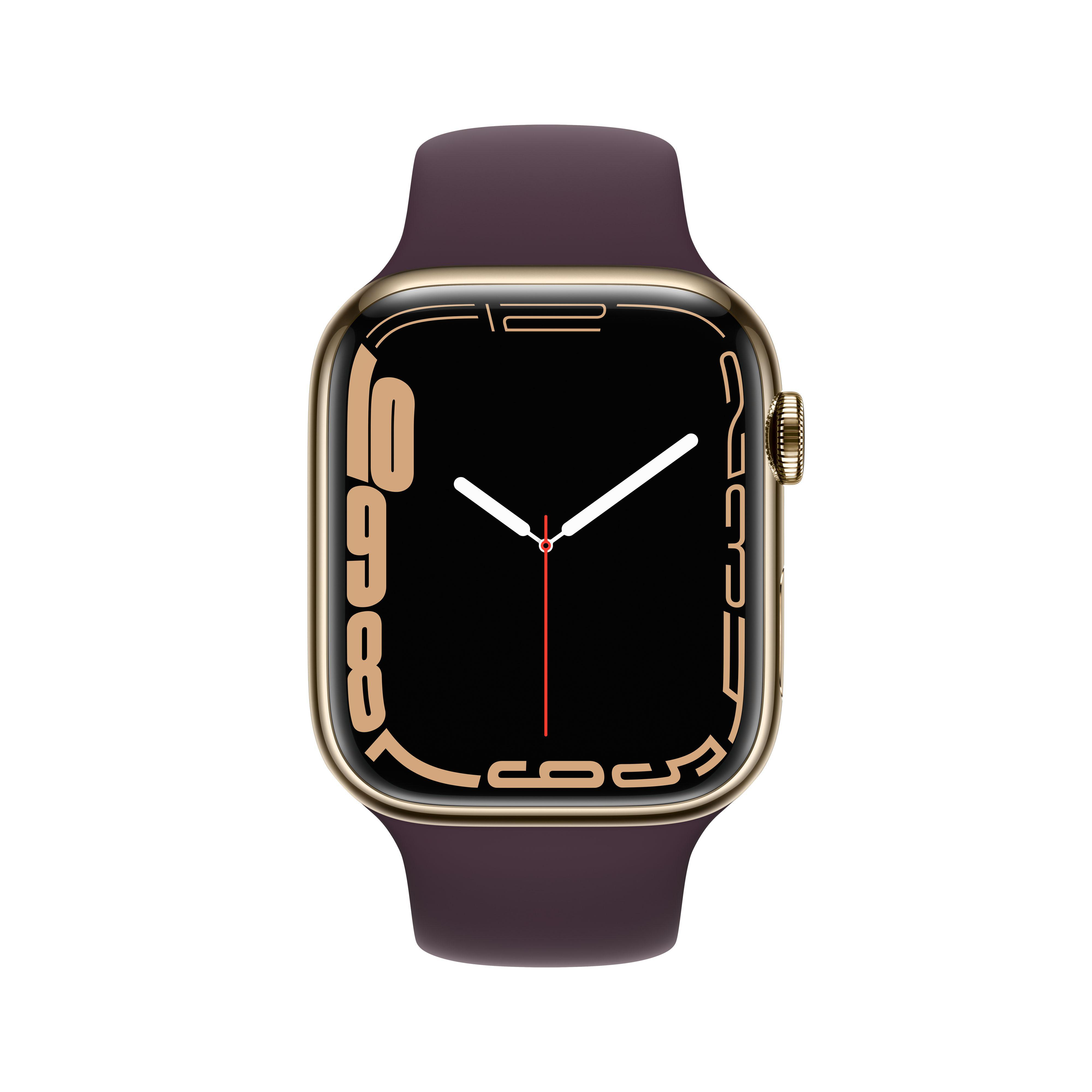 APPLE Watch Series 7 (GPS + Cellular) 45mm Smartwatch Fluorelastomer, 140 - 220 mm, Armband: Dunkelkirsch, Gehäuse: Gold
