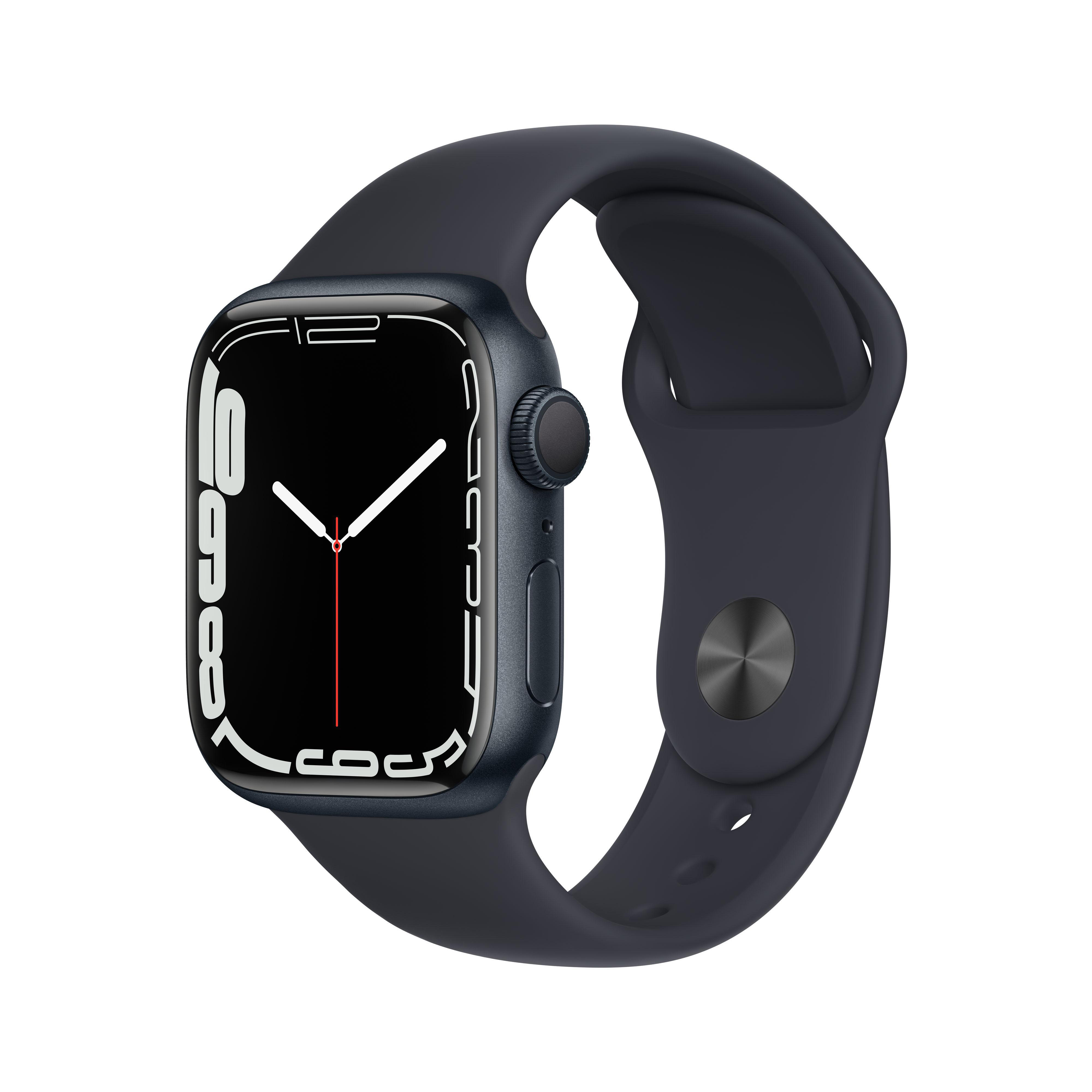 Apple Watch Series 7, marineblau, zeigt die Uhrzeit und einen schwarzen Bildschirm.
