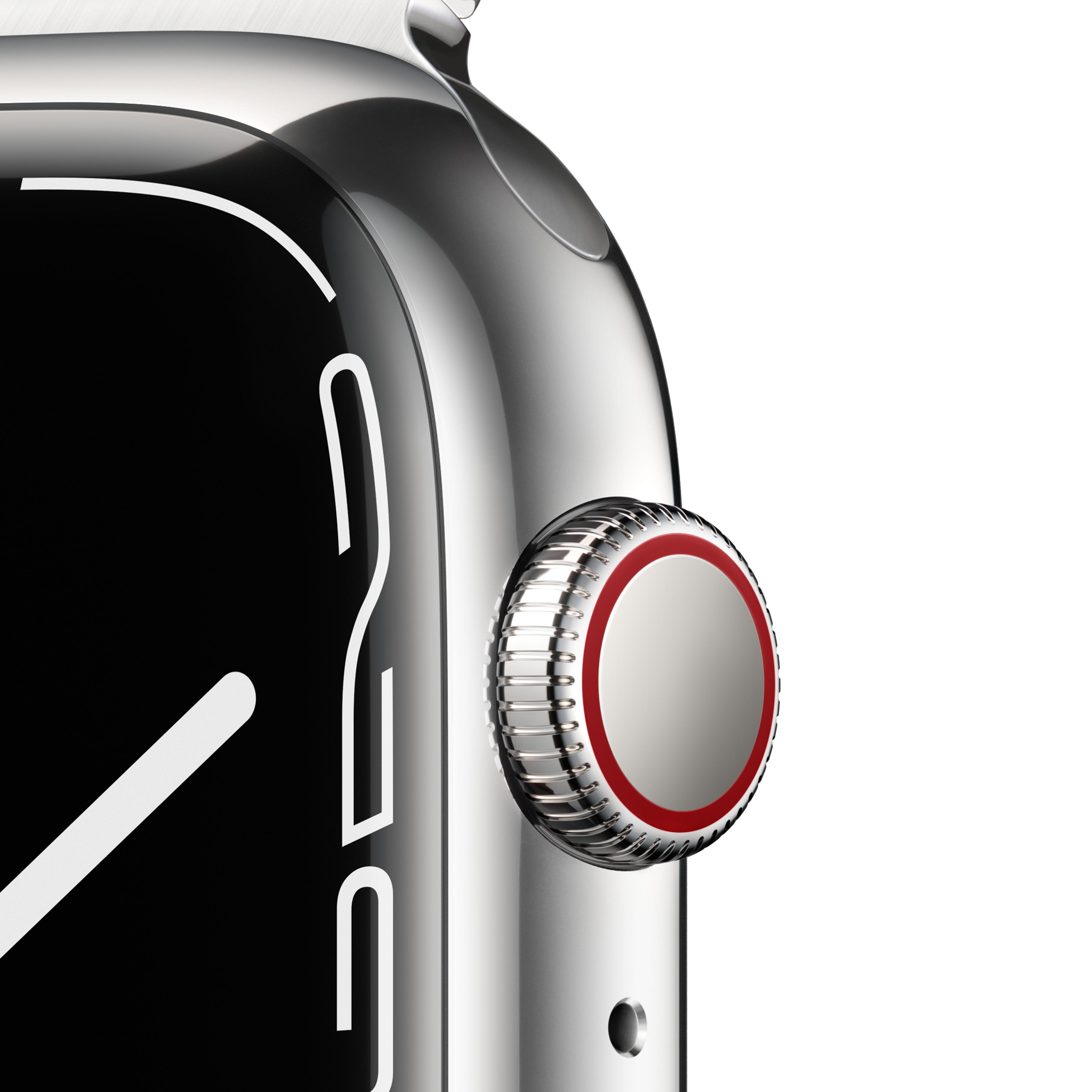 APPLE Watch Series 7 (GPS + Cellular) 45mm Smartwatch Edelstahl, 140 - 220 mm, Armband: Silber, Gehäuse: Silber