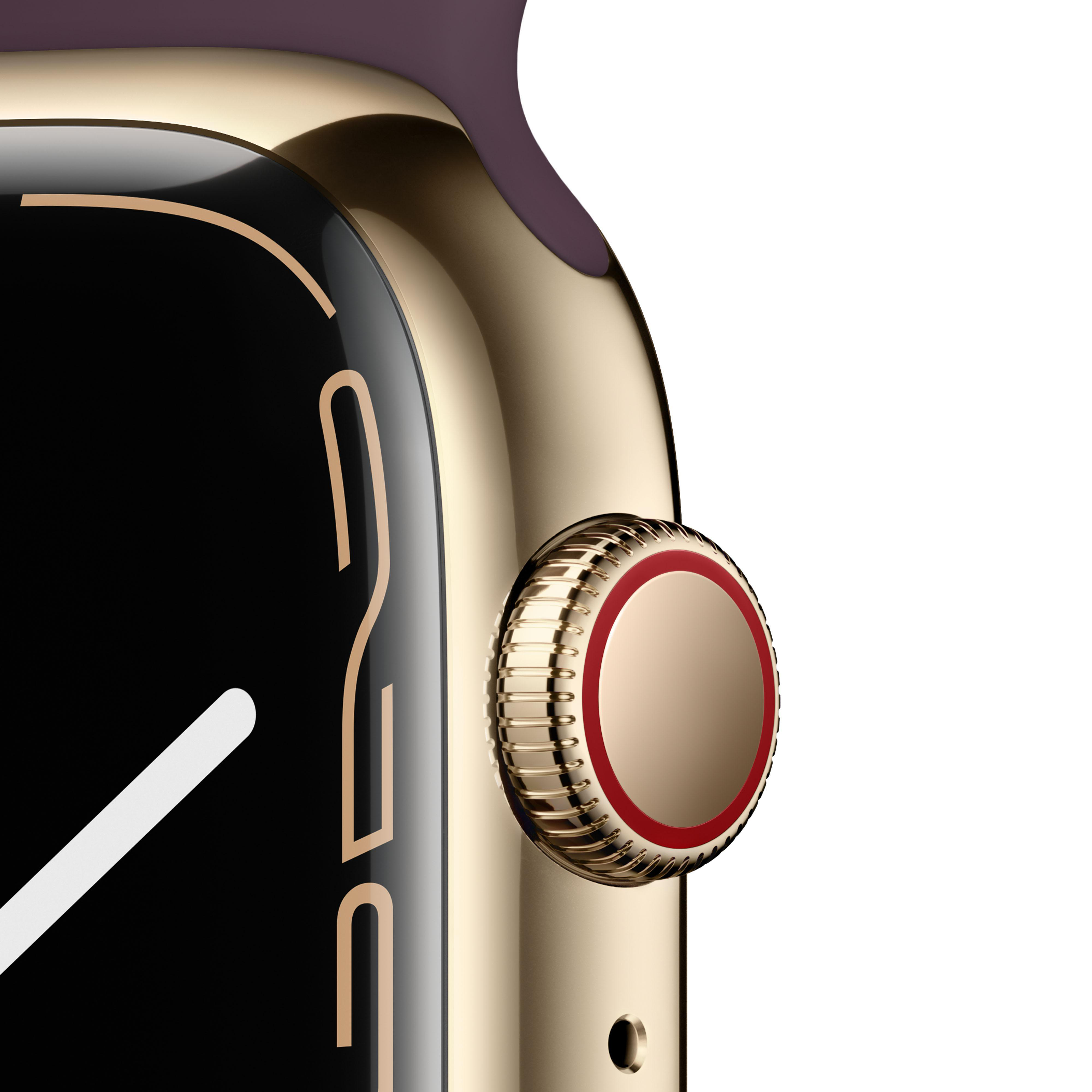 APPLE Watch Series 7 (GPS + Cellular) 45mm Smartwatch Fluorelastomer, 140 - 220 mm, Armband: Dunkelkirsch, Gehäuse: Gold