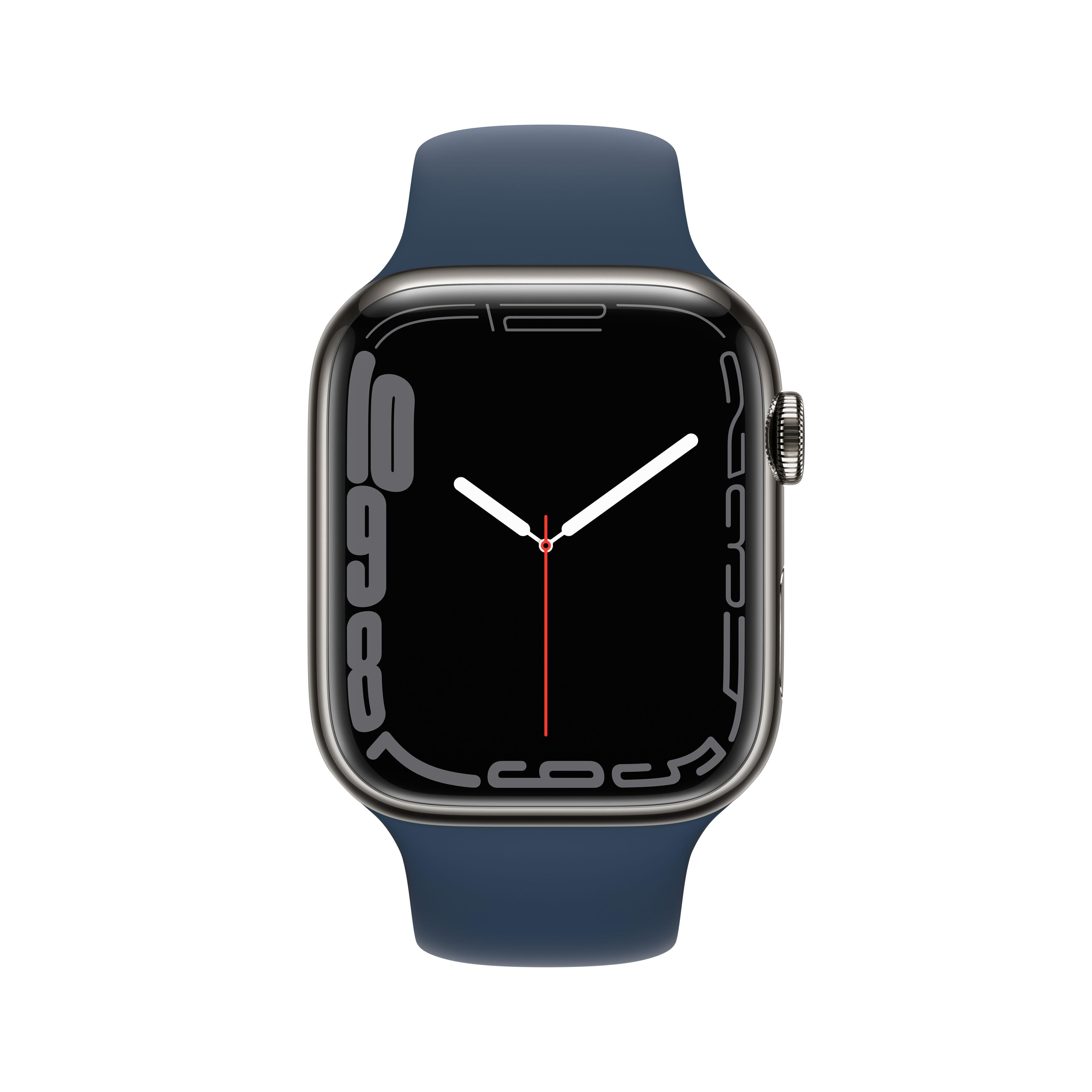 APPLE Watch Series 7 (GPS + Cellular) 45mm Smartwatch Fluorelastomer, 140 - 220 mm, Armband: Blau, Gehäuse: Graphit
