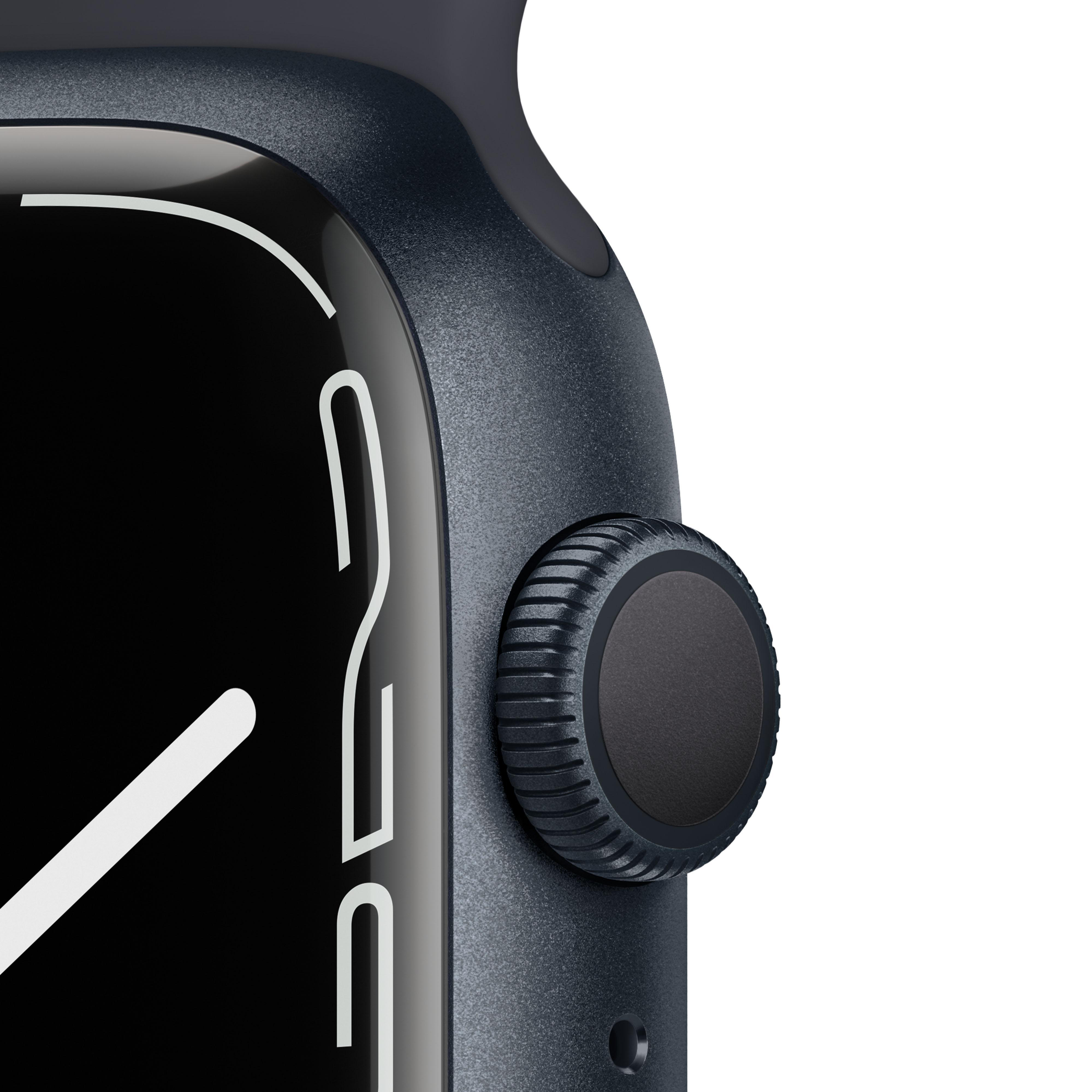 Nahaufnahme einer dunkelblauen Smartwatch, Seitenansicht.