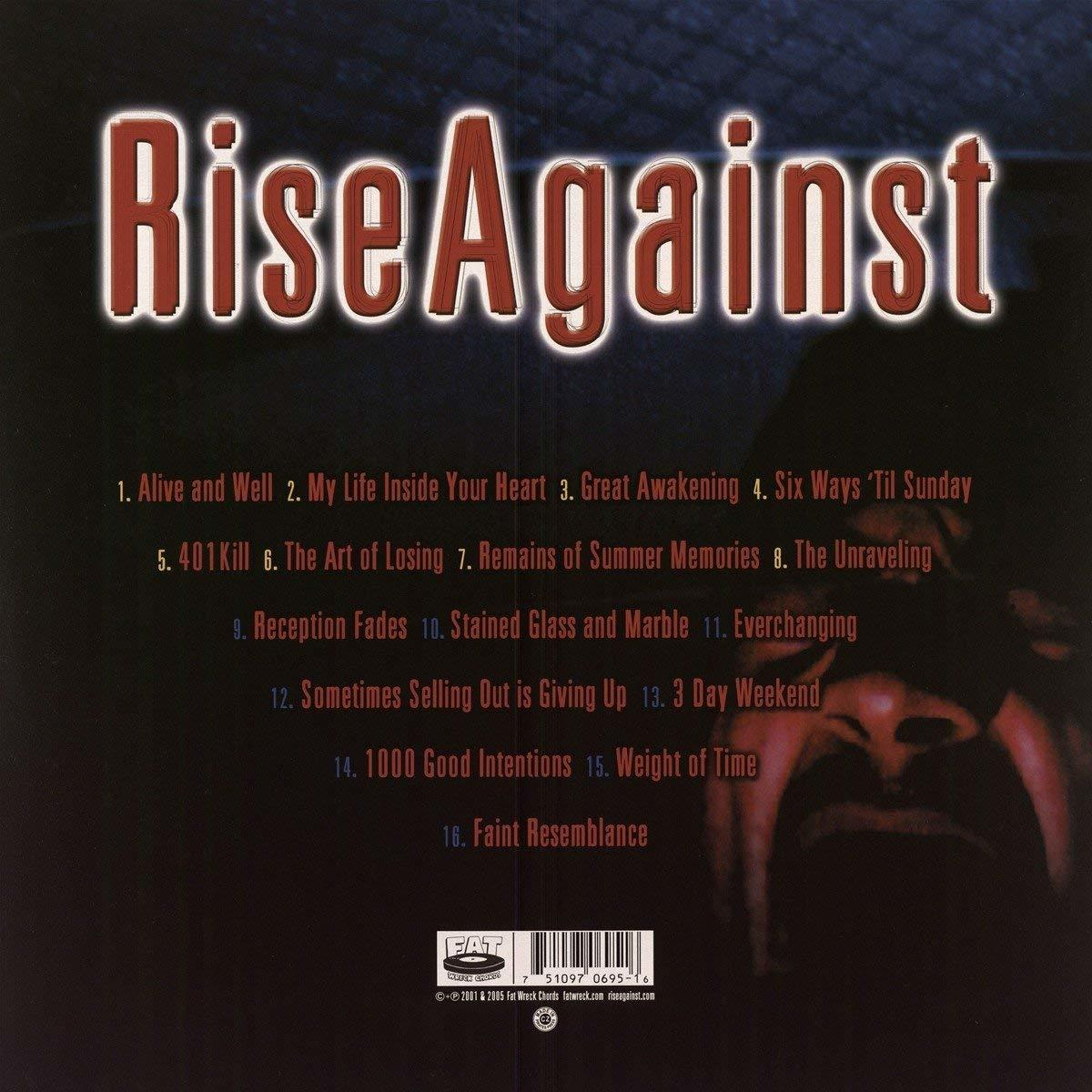 CD-Cover mit Rise Against-Logo, Titelliste und dunklem Hintergrund.