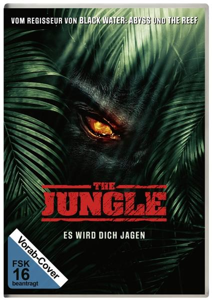 Filmcover: The Jungle. Ein Monsterauge ist sichtbar. Text auf Englisch und Deutsch.