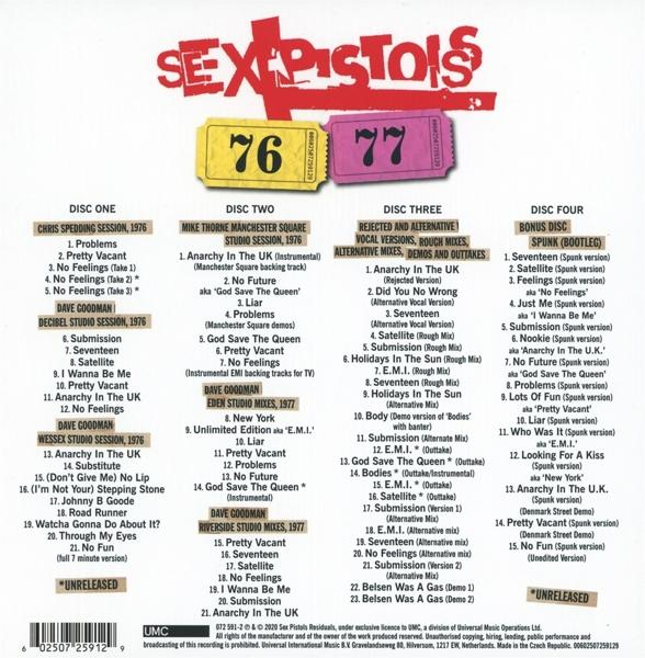 Rückseite eines Sex Pistols Albumcovers, Auflistung der Tracks auf vier Discs.