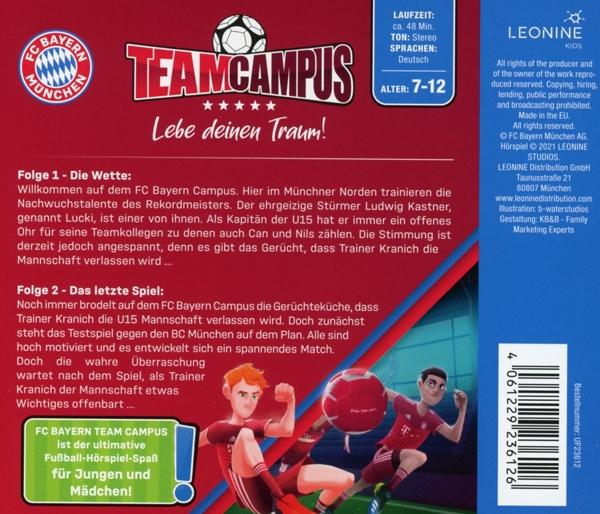 Rückseite einer 'Team Campus' DVD. Enthält Cartoon-Bilder von Fußballspielern und Text auf Deutsch.