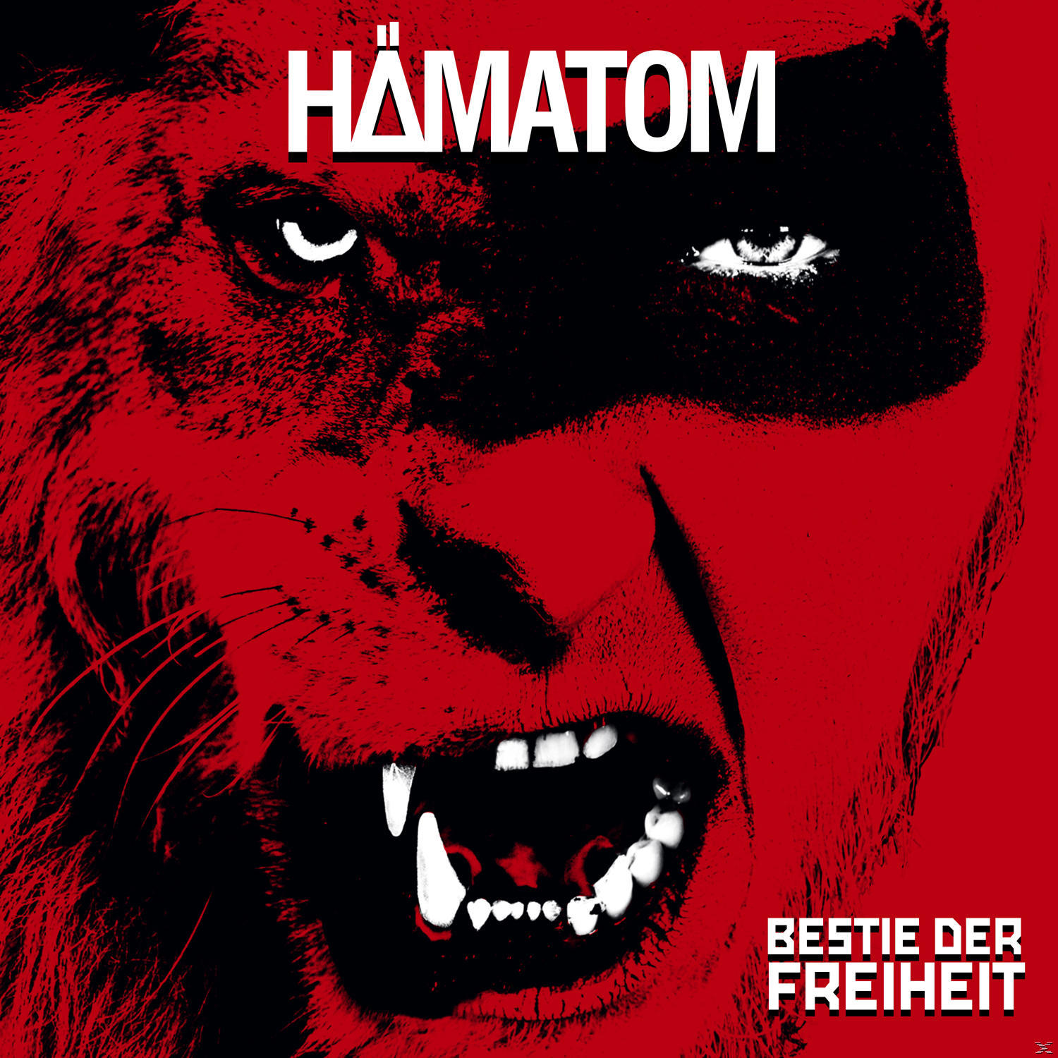 Löwengesicht mit offenem Mund, rot und schwarz, Text 'Hämatom' und 'Bestie Der Freiheit'.