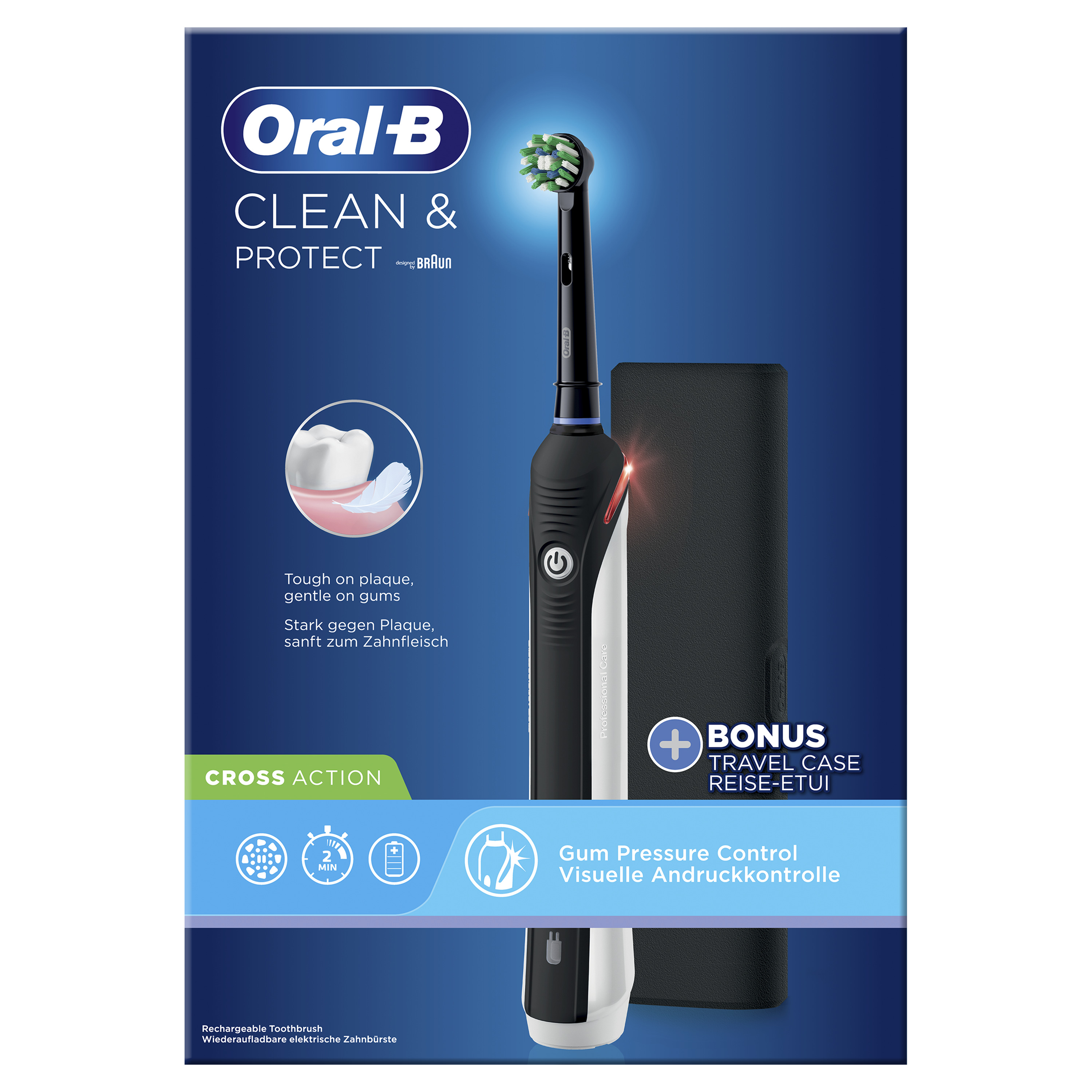Oral-B elektrische Zahnbürste mit Reiseetui, zeigt Funktionen wie Druckkontrolle.