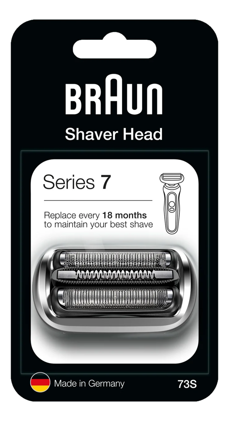 Confezione testina rasoio Braun Series 7. Mostra le testine e il testo: Sostituire ogni 18 mesi.