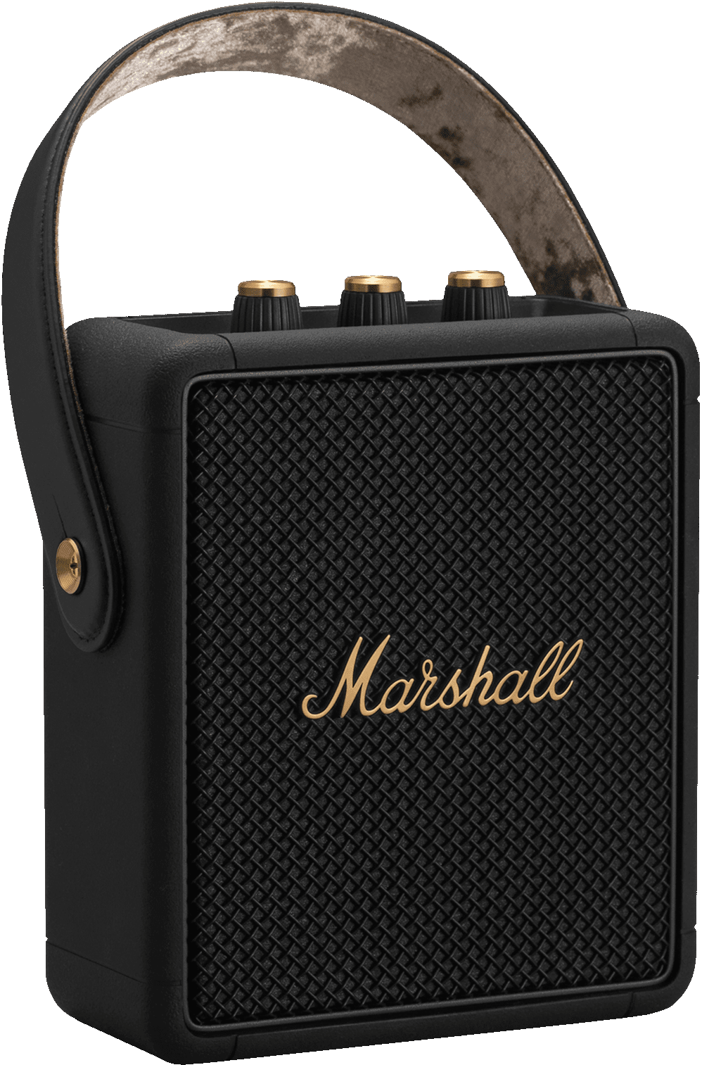 Haut-parleur Marshall noir avec boutons et logo dorés. Poignée en cuir. Fond noir.