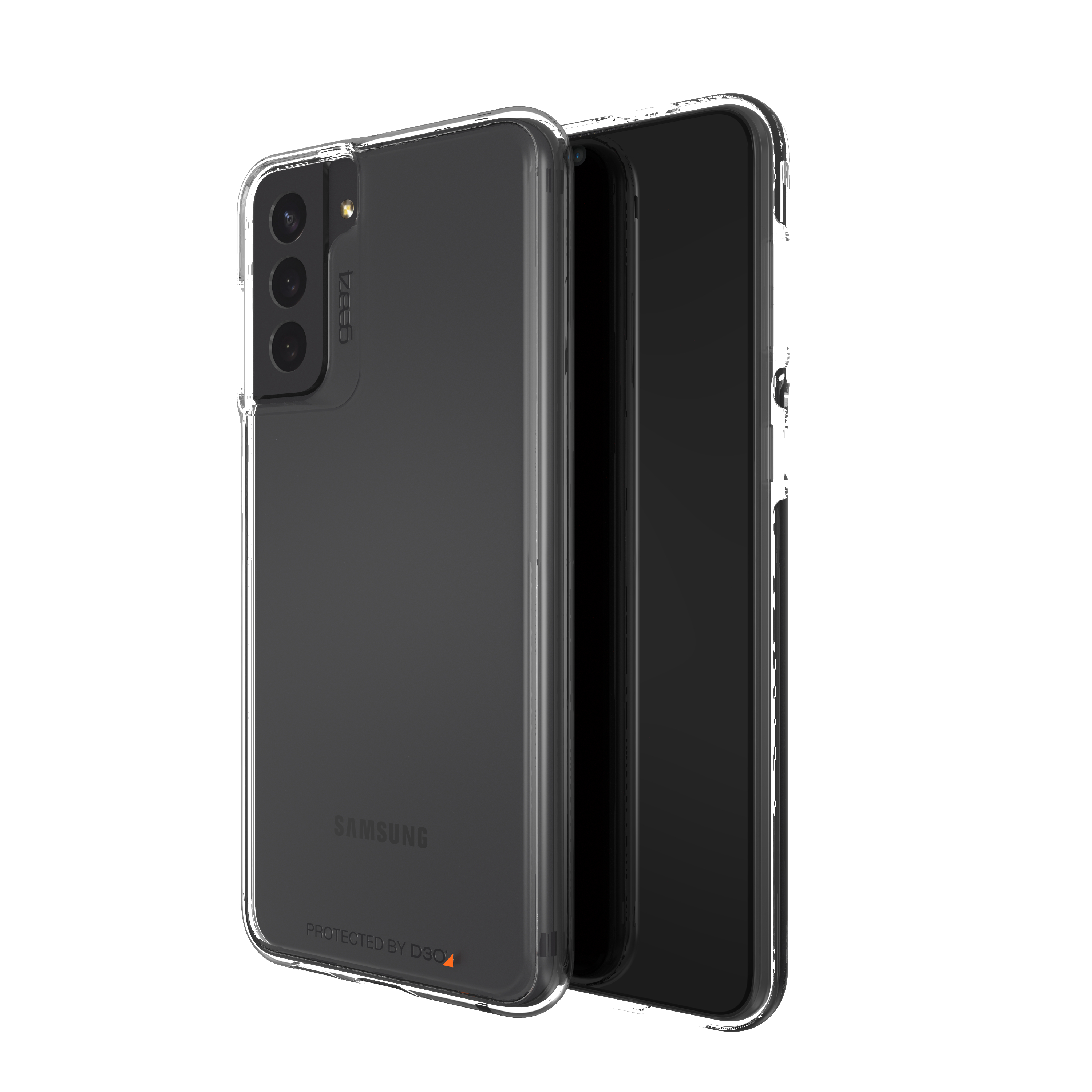 Eine transparente Handyhülle schützt ein schwarzes Smartphone. Die Hülle zeigt die Marke des Telefons.