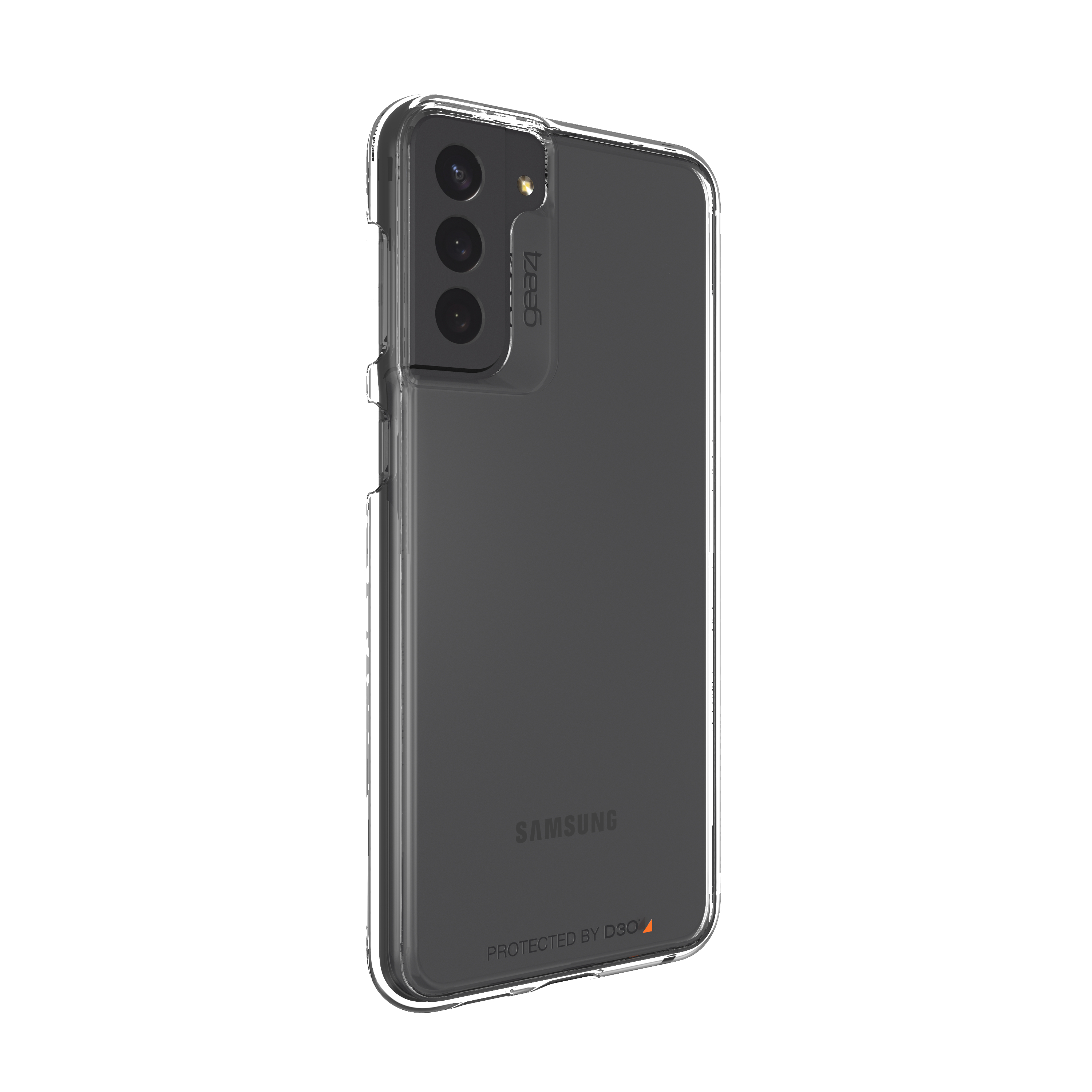 Eine transparente Handyhülle auf einem schwarzen Samsung-Handy. Das Handy ist auf weißem Hintergrund.