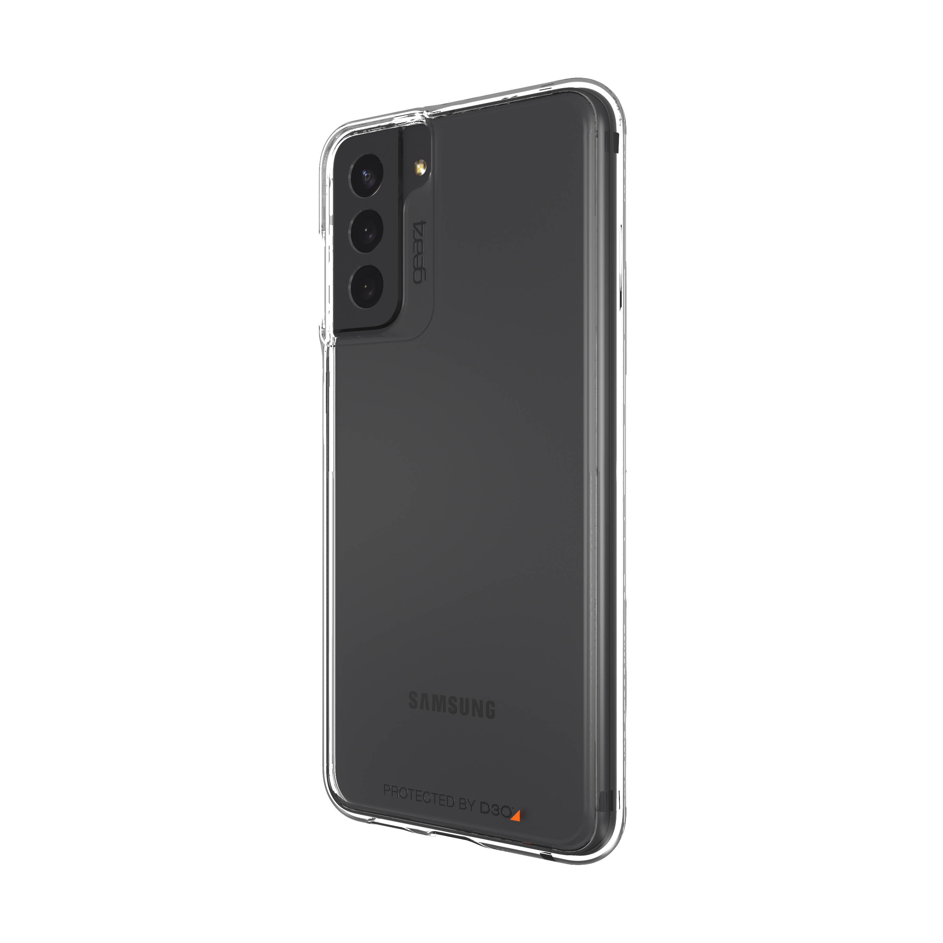 Eine transparente Handyhülle auf einem schwarzen Samsung Galaxy S21, die die Rückkameras zeigt. Die Hülle ist klar.