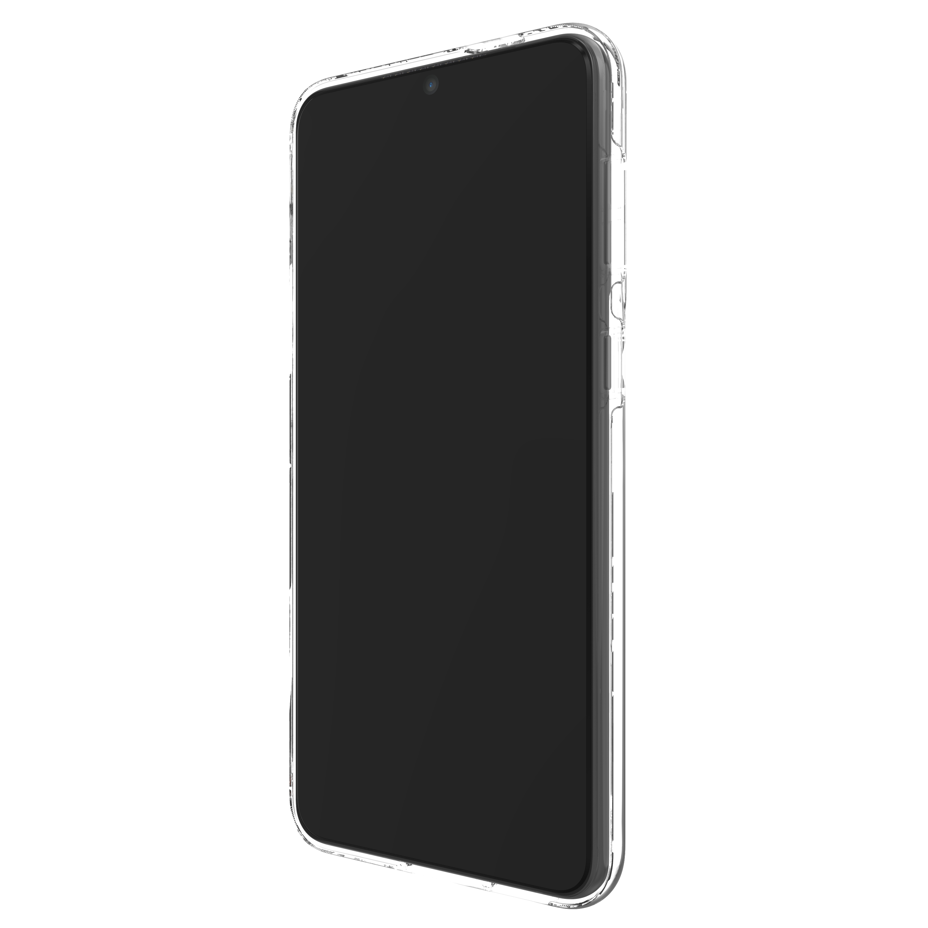 Smartphone in einer durchsichtigen Hülle, von der Seite betrachtet, zeigt einen schwarzen Bildschirm.