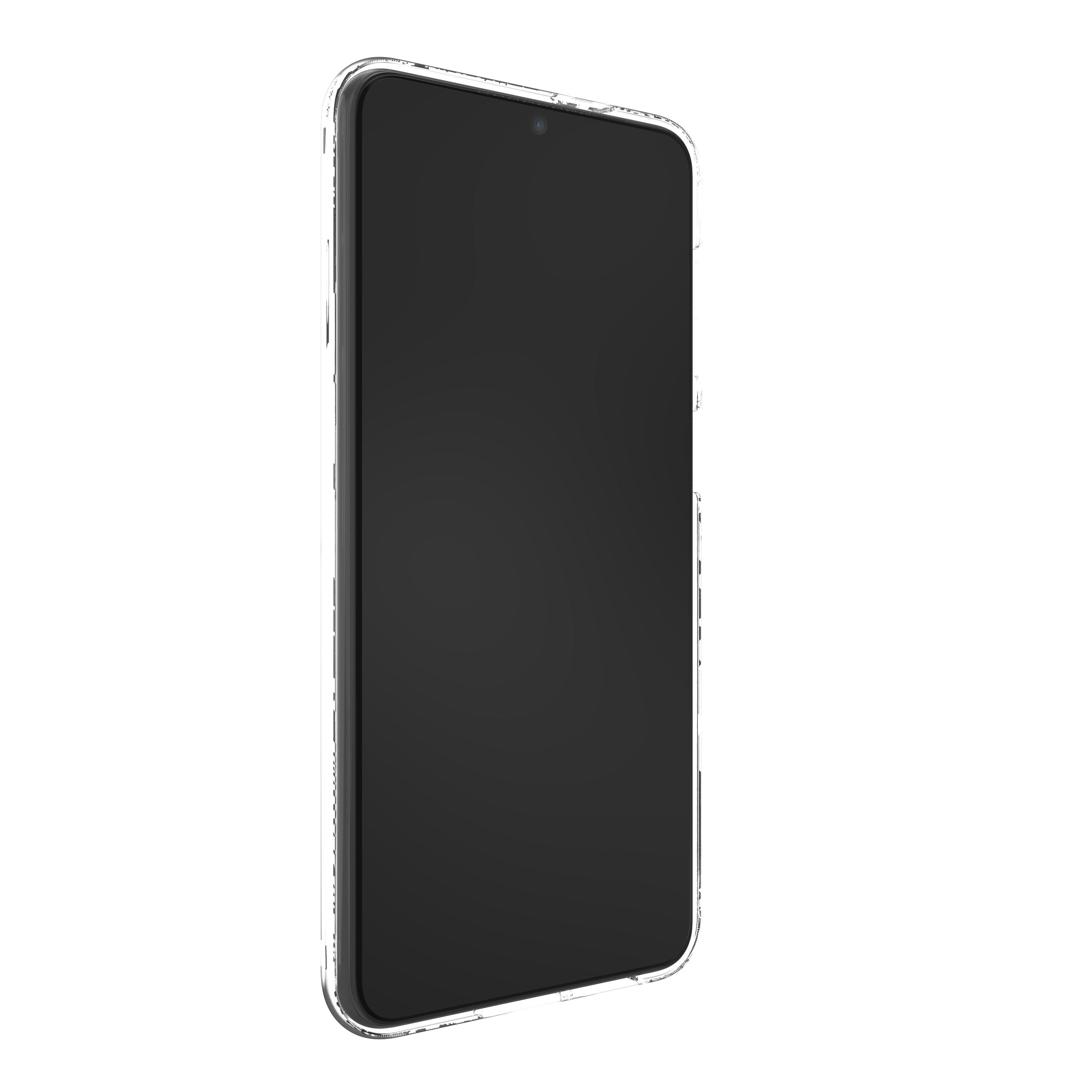 Ein Smartphone mit schwarzem Bildschirm, Seitenansicht, in einer transparenten Schutzhülle.
