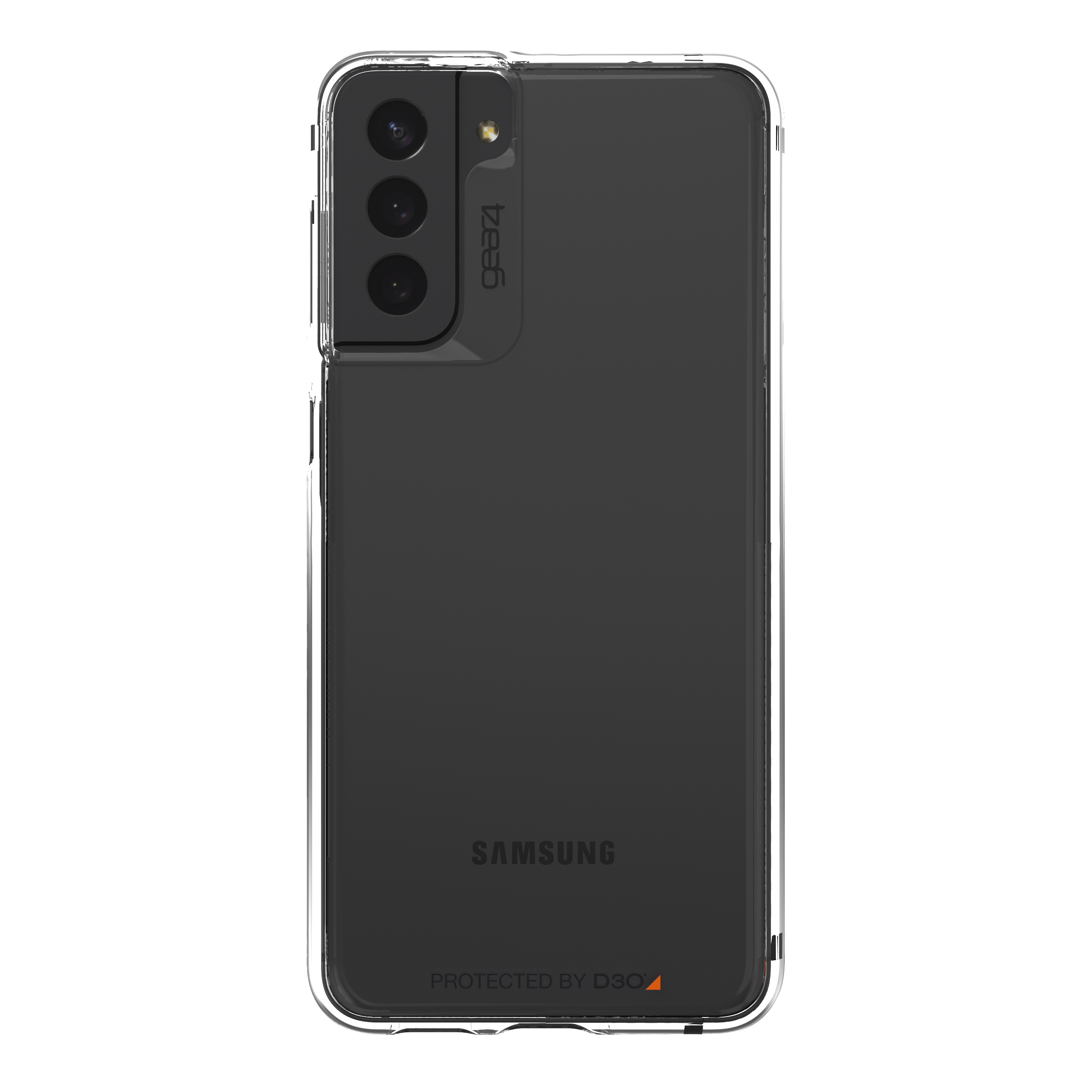 Ein Samsung-Smartphone in einer durchsichtigen Hülle, mit Dreifachkamera und Markenlogo.