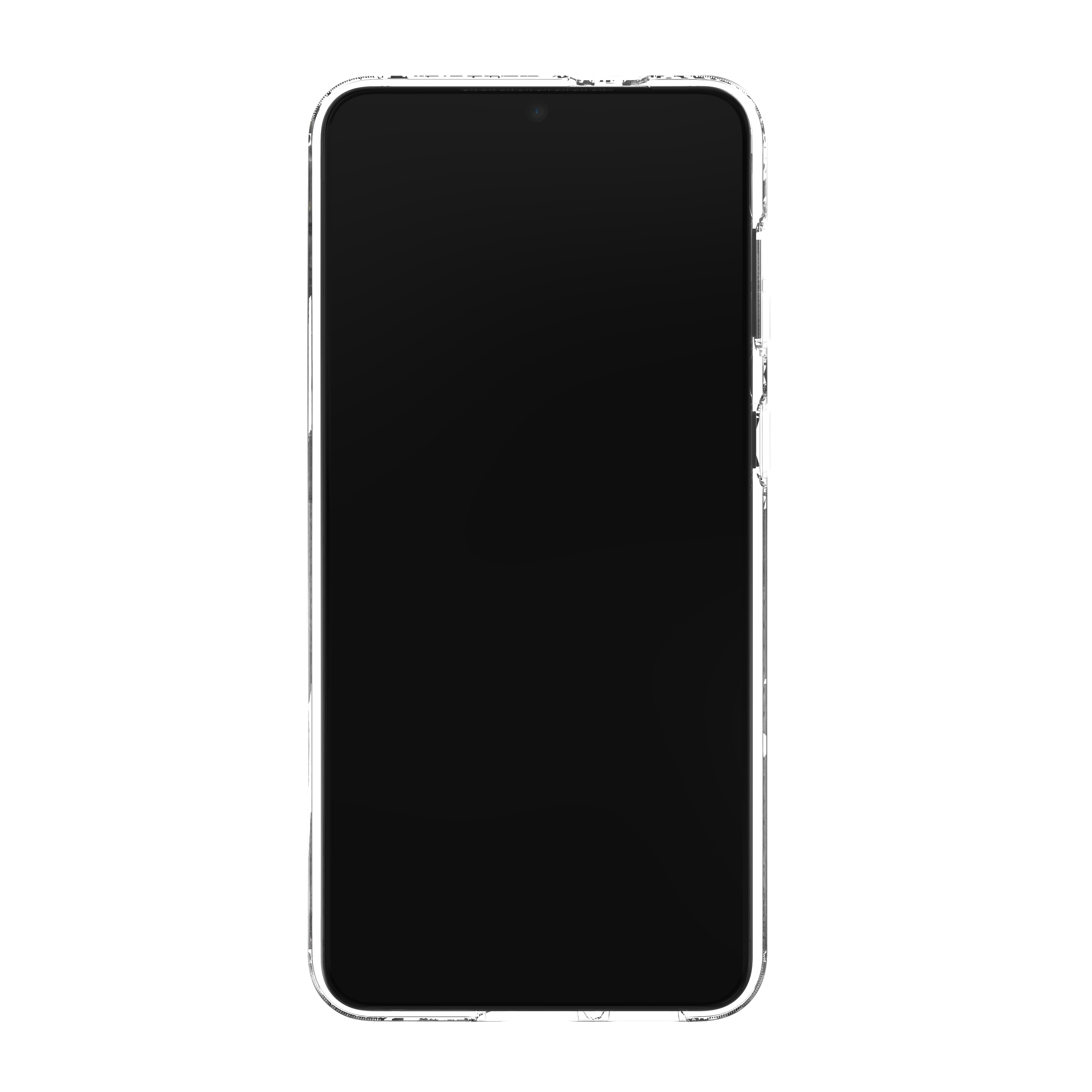 Schwarzes Smartphone mit transparenter Hülle. Schwarzer Bildschirm. Weißer Hintergrund.