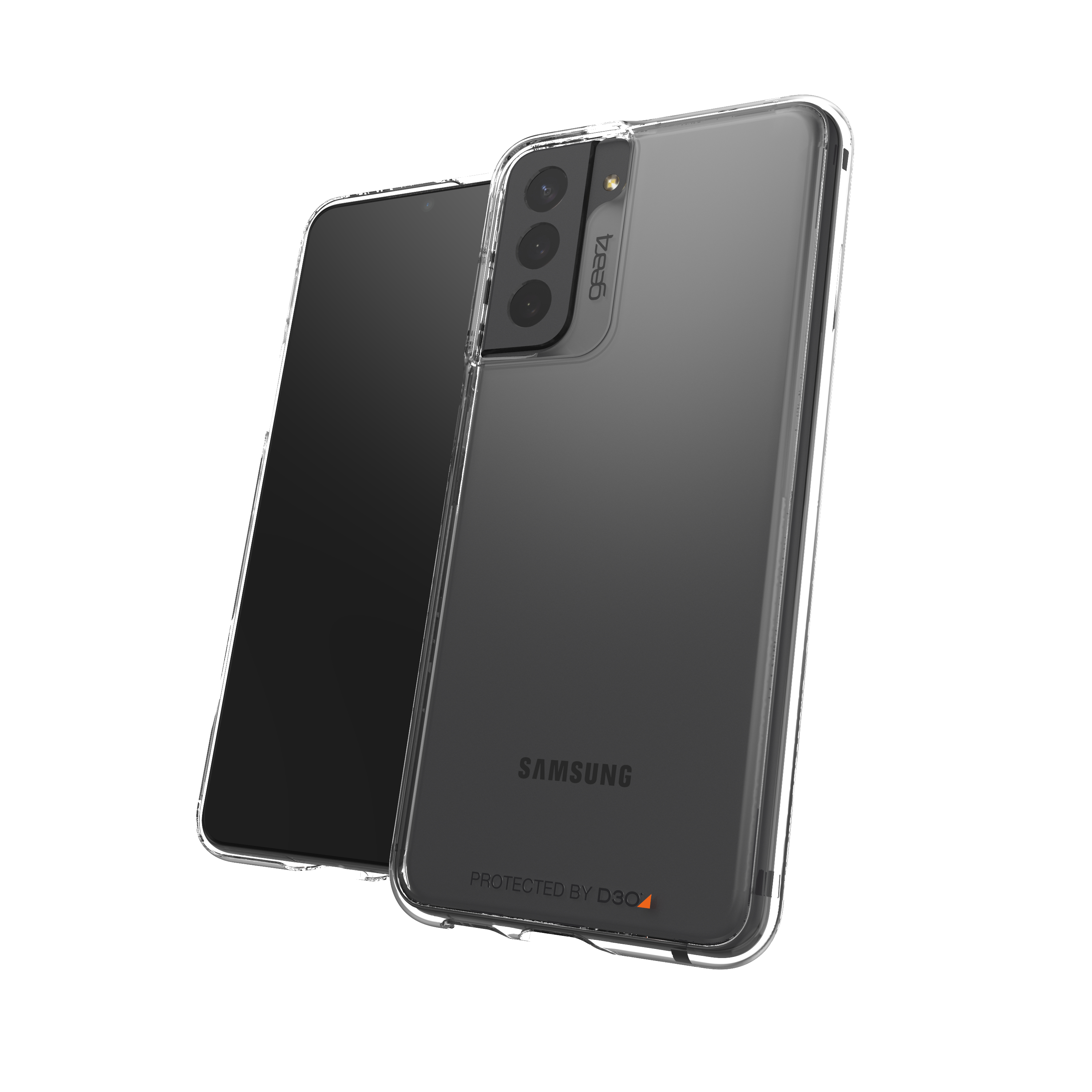 Zwei Smartphones in transparenten Hüllen, eines lehnt am anderen, zeigt Bildschirme.