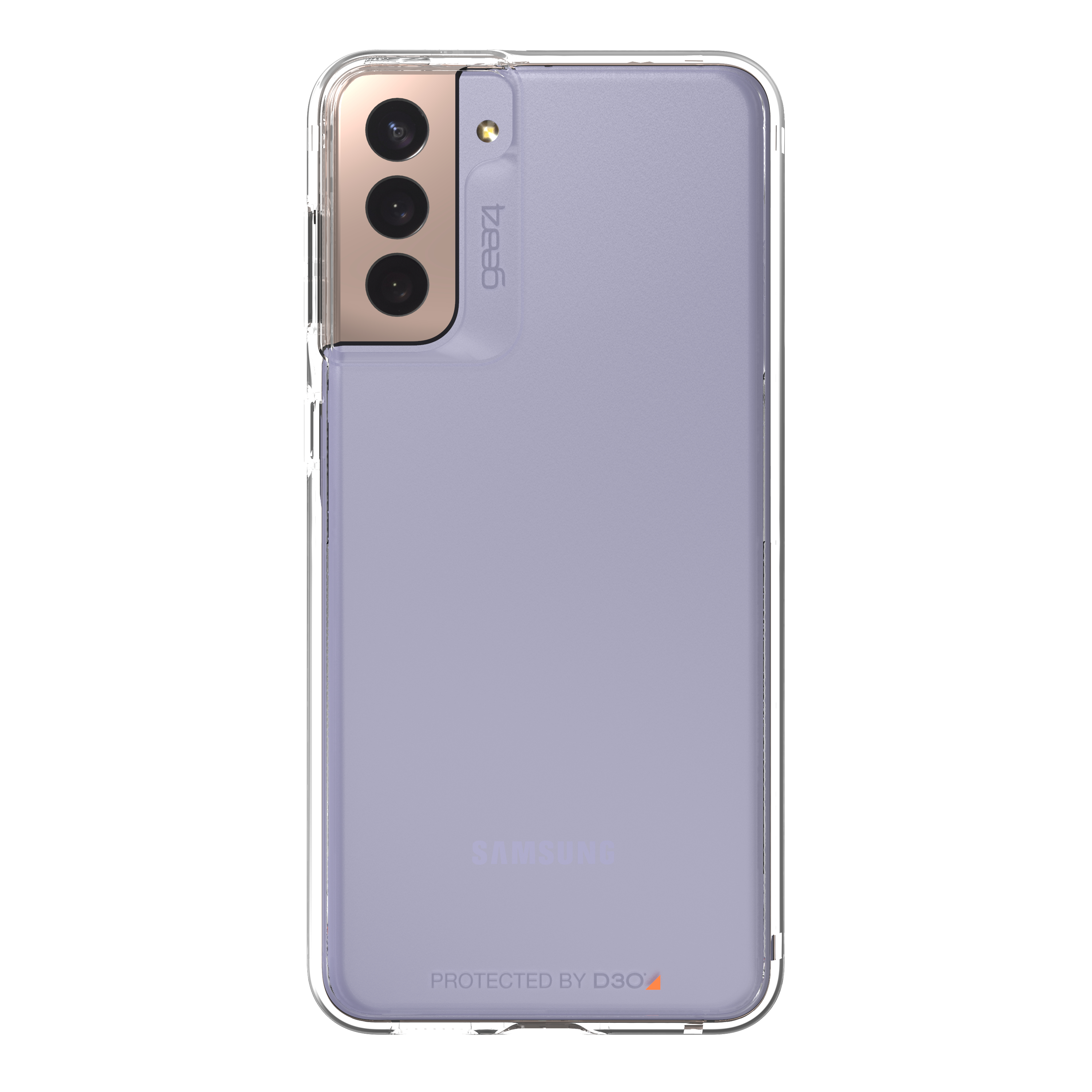 Eine transparente Handyhülle über einem lila Telefon. Drei Kameralinsen. Die Hülle lautet "PROTECTED BY D3O".