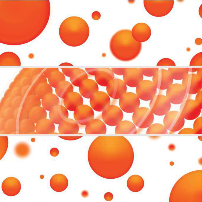 Ein abstraktes Bild von orangefarbenen Kugeln mit Schichten und weißem Hintergrund.