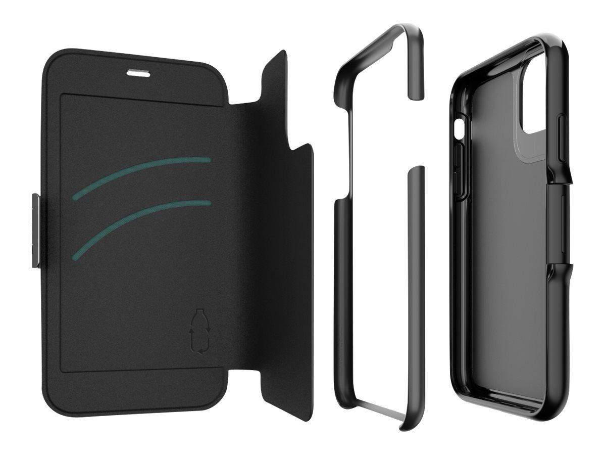 Smartphone-Hülle zerlegt, mit Teilen auf weißem Hintergrund getrennt.