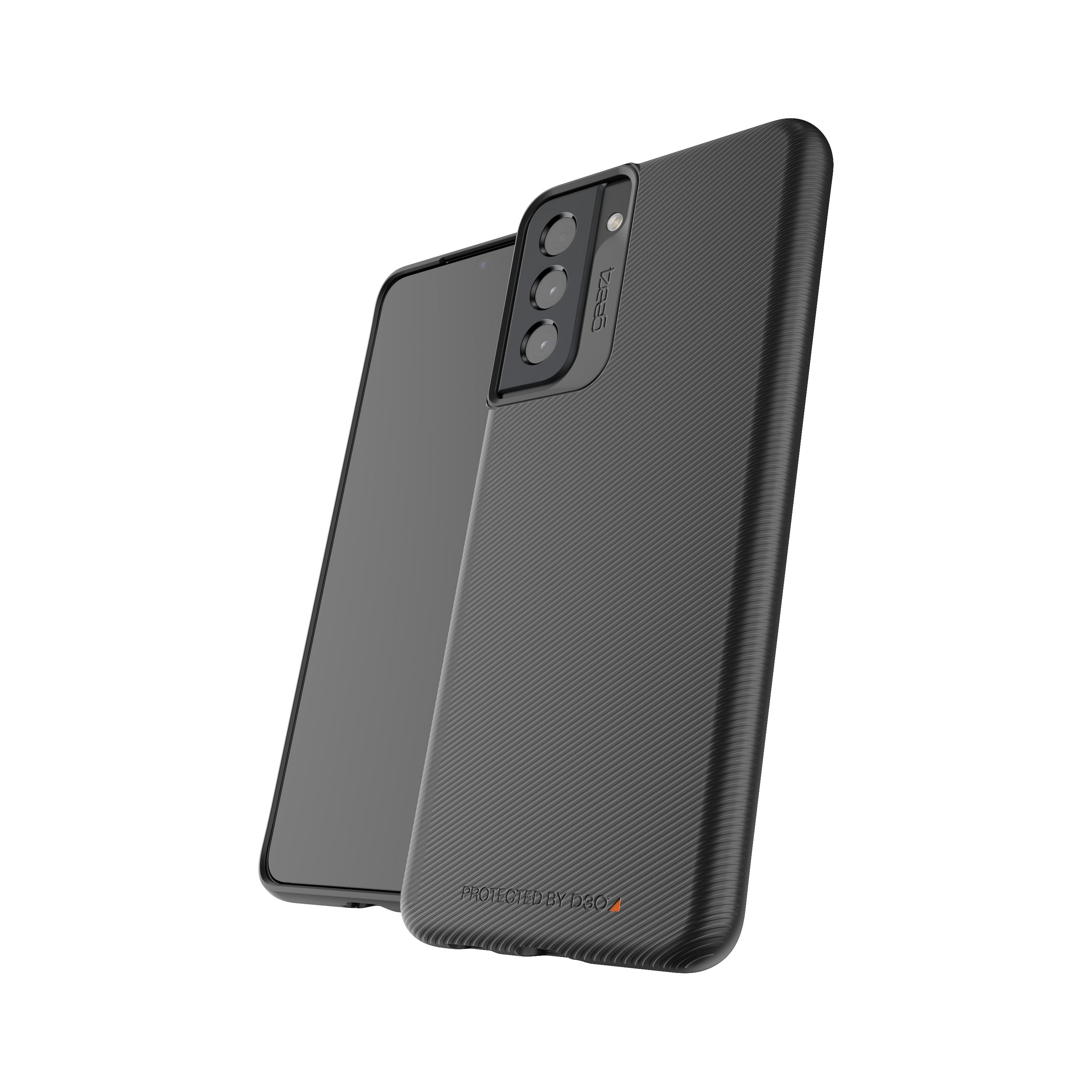 Schwarzes Smartphone in einer Hülle, schräge Ansicht von Rückseite und Seite. Schlankes Design mit Kamera.