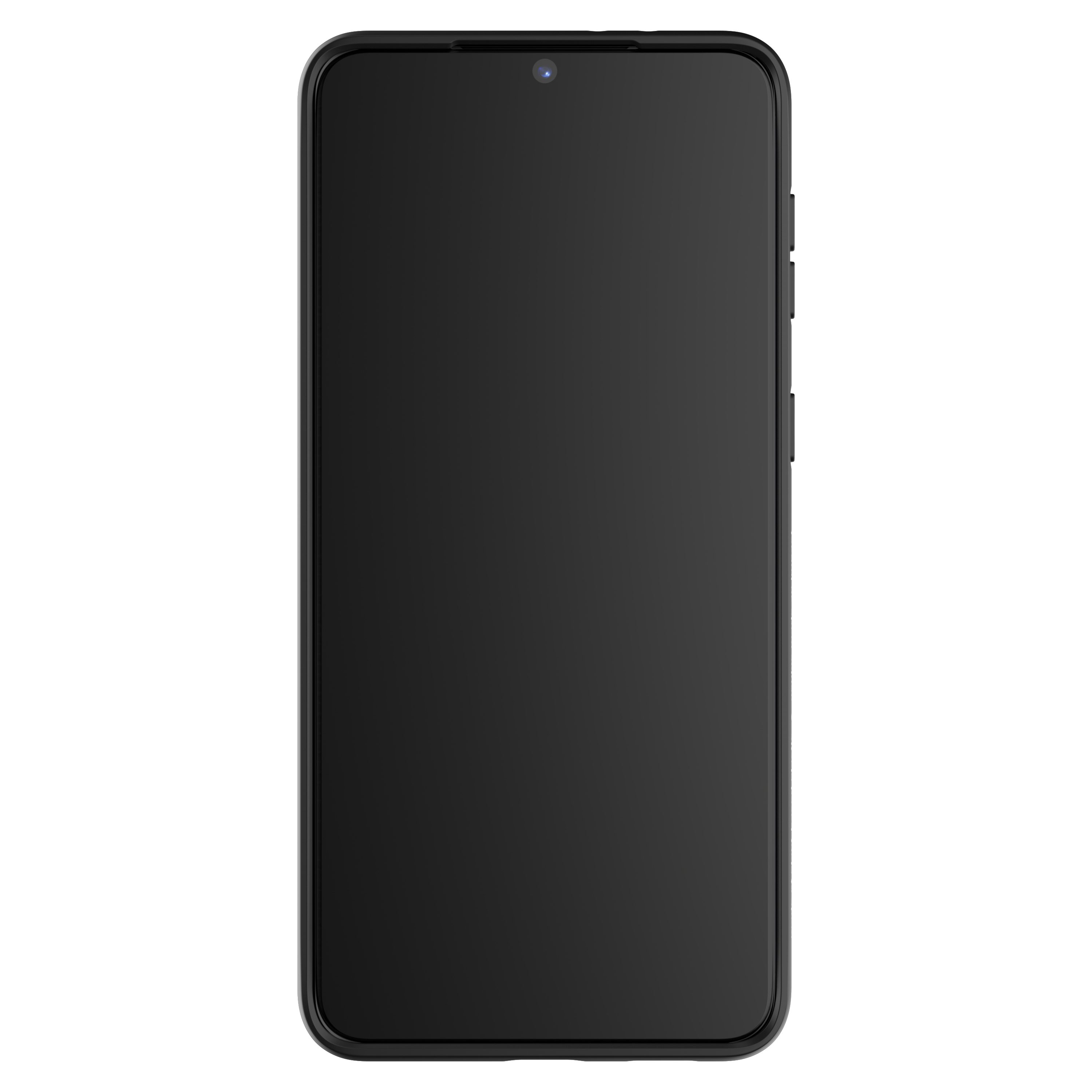 Ein schlichtes schwarzes Smartphone mit einem Bildschirm, der nichts anzeigt.