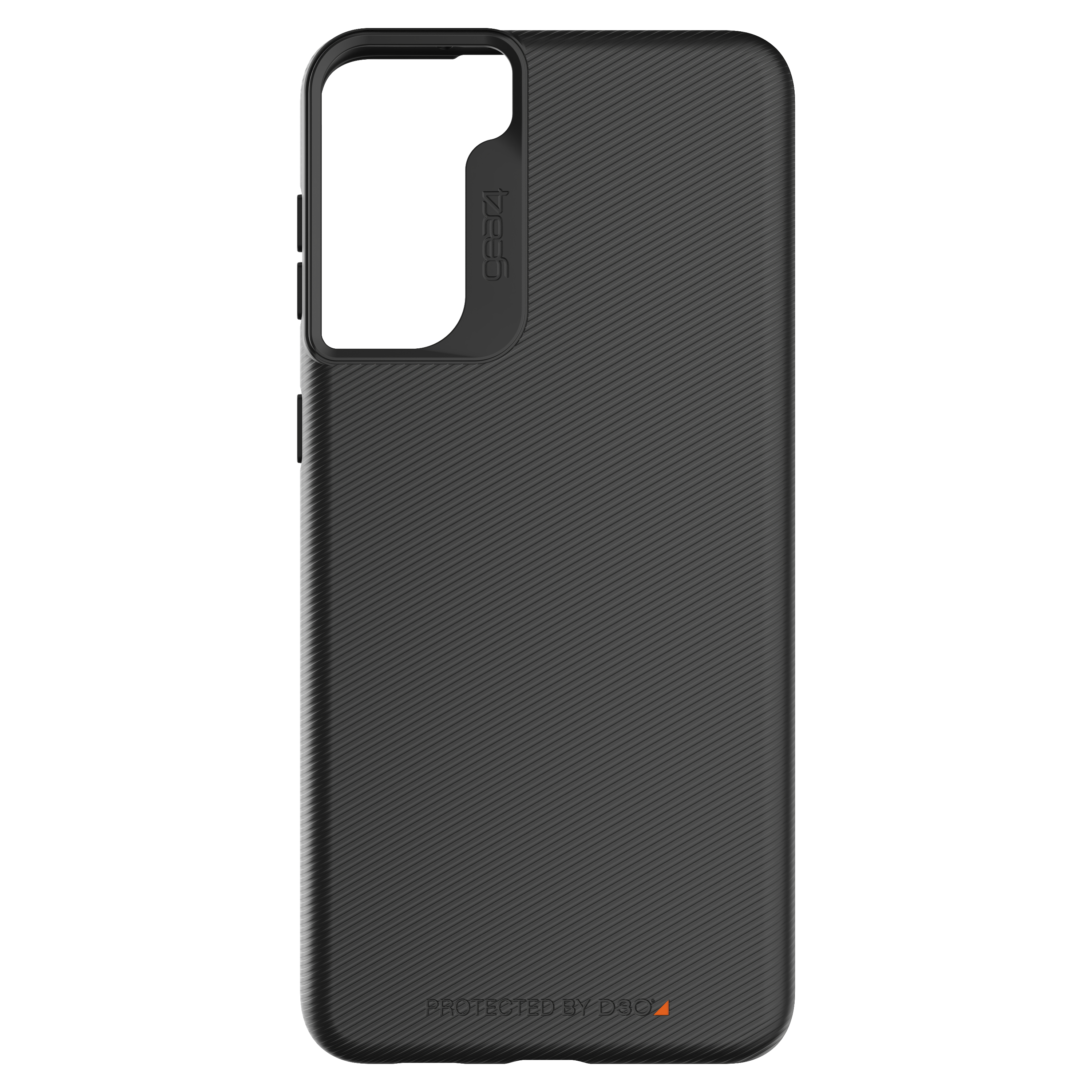 Eine schwarze Handyhülle. Sie hat ein strukturiertes Design und schützt die Rückseite des Telefons.