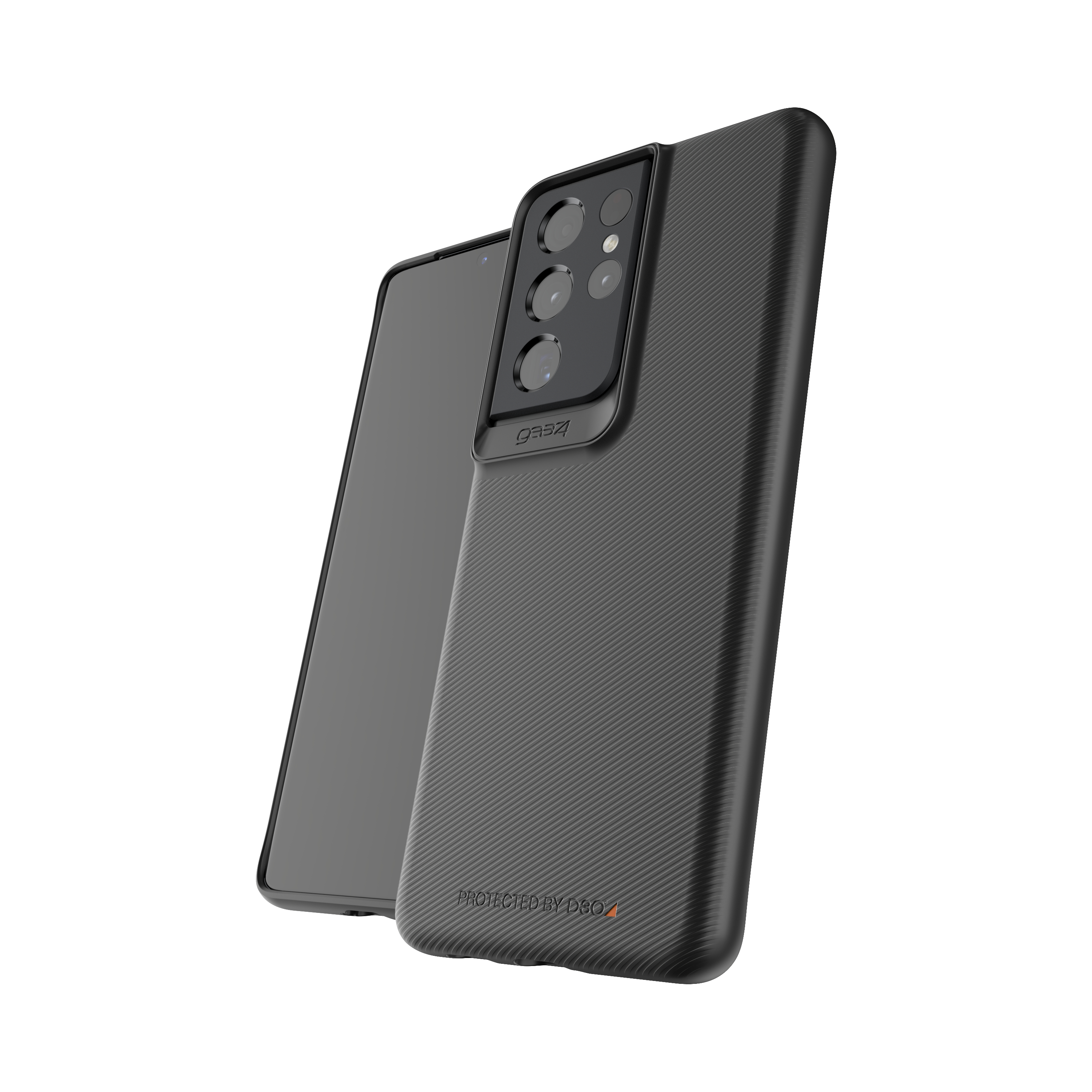 Ein schwarzes Telefon mit strukturierter Rückseite, mit Dreifachkamera, auf weißem Hintergrund.